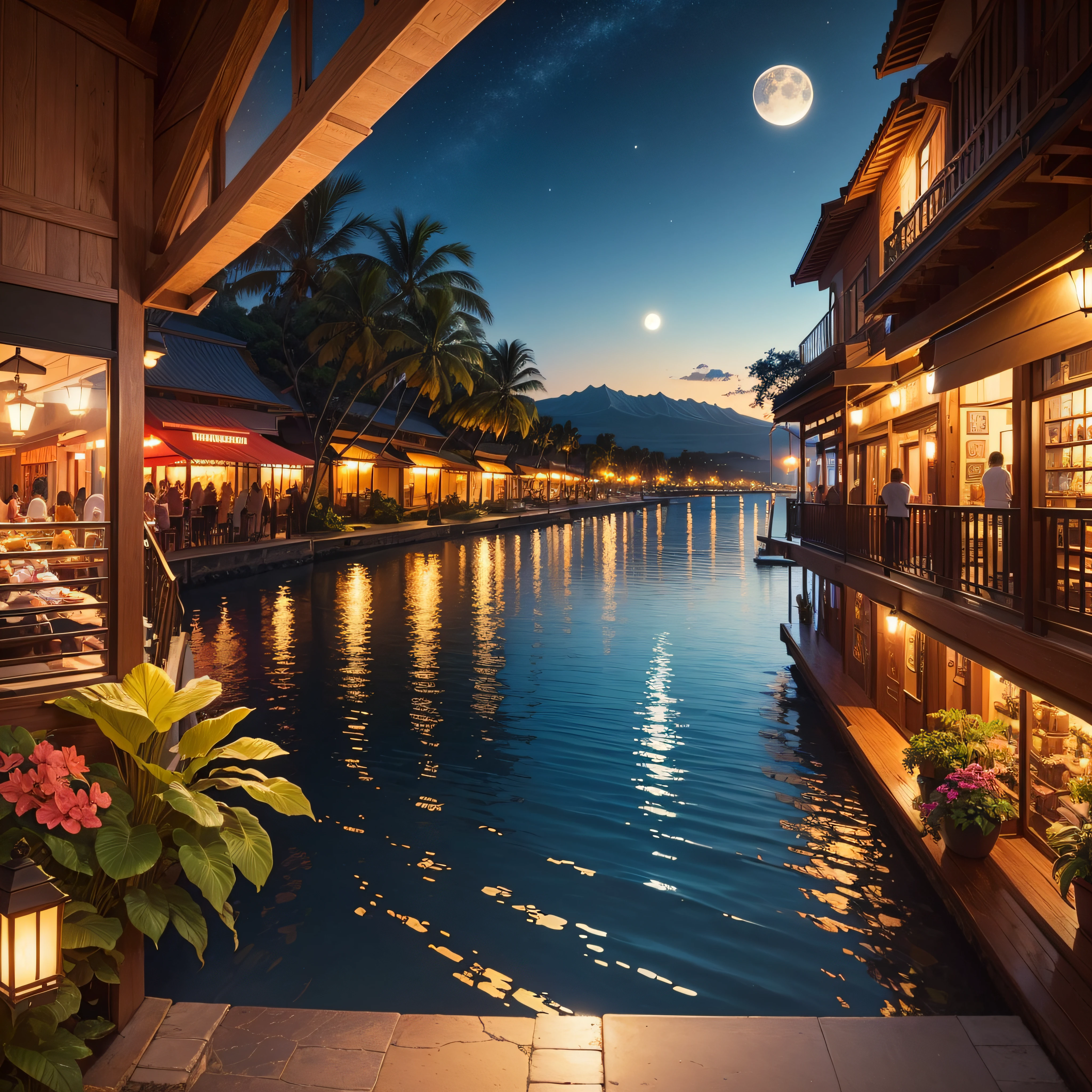 beautiful Hawaii, Lahaina ocean, boats Stores, Galleries, are in view the moon is full night (best quality,ultra - detailed, Illustration,Best shadow,masterpiece,A high resolution,professional artwork,famous artwork, In the style of Christian Riese Lassen Hawaii Artist