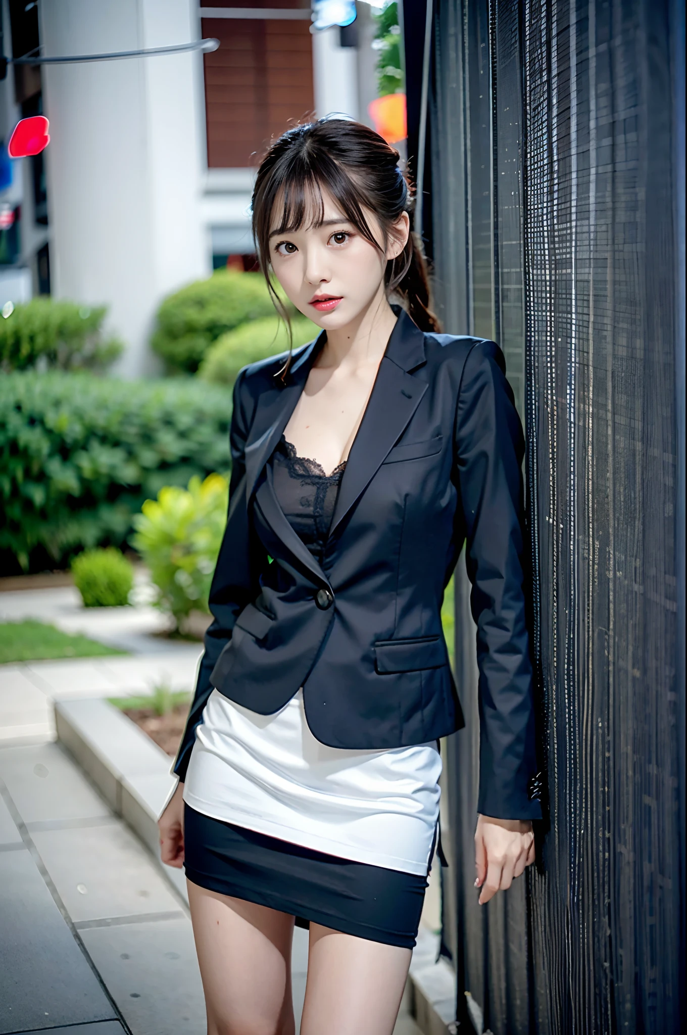 1 girl in、(Watch Viewer)、(bokeh dof:1.1)、cparted lips、deadpan、realisitic、Black Tight Mini Skirt、
Business suits、OL、skinny thigh、small ass、beautiful legs、delicate、Japan fashion models、Pale face、
top-quality、(Photorealsitic:1.4)、超A high resolution、Big miniskirt、Woman in black suit and tie、Suit Girl、Suit Girl、Wearing strict business suits、Wearing a business suit、Wearing a business suit、Wearing a black business suit、Japan Female Fashion Model、Wearing a black business suit、Fashion Suit Wear Black Suit Wear Black Noble Suit、Wearing a business suit、Black Slim Clothes、 Woman with very large breasts posing for photo、the face of a beautiful Japanese girl、asian beautiful face、Young cute one Asian face、beautifull asian girl ever、Cute little face of a girl、beautiful young korean woman、Facial features of Japan、Young adorable Korean face、gorgeous young korean woman、Young Asian Girl、beautiful Korean women、beautiful young asian woman、Standing facing forward、 Composition visible from the top of the knee to the head、Knees are visible、Camera gaze、is standing、FULL BODYSHOT、hyper realisitic、Back shot full body、Bare legged、(LoRA applied only to the face、Raw feet)