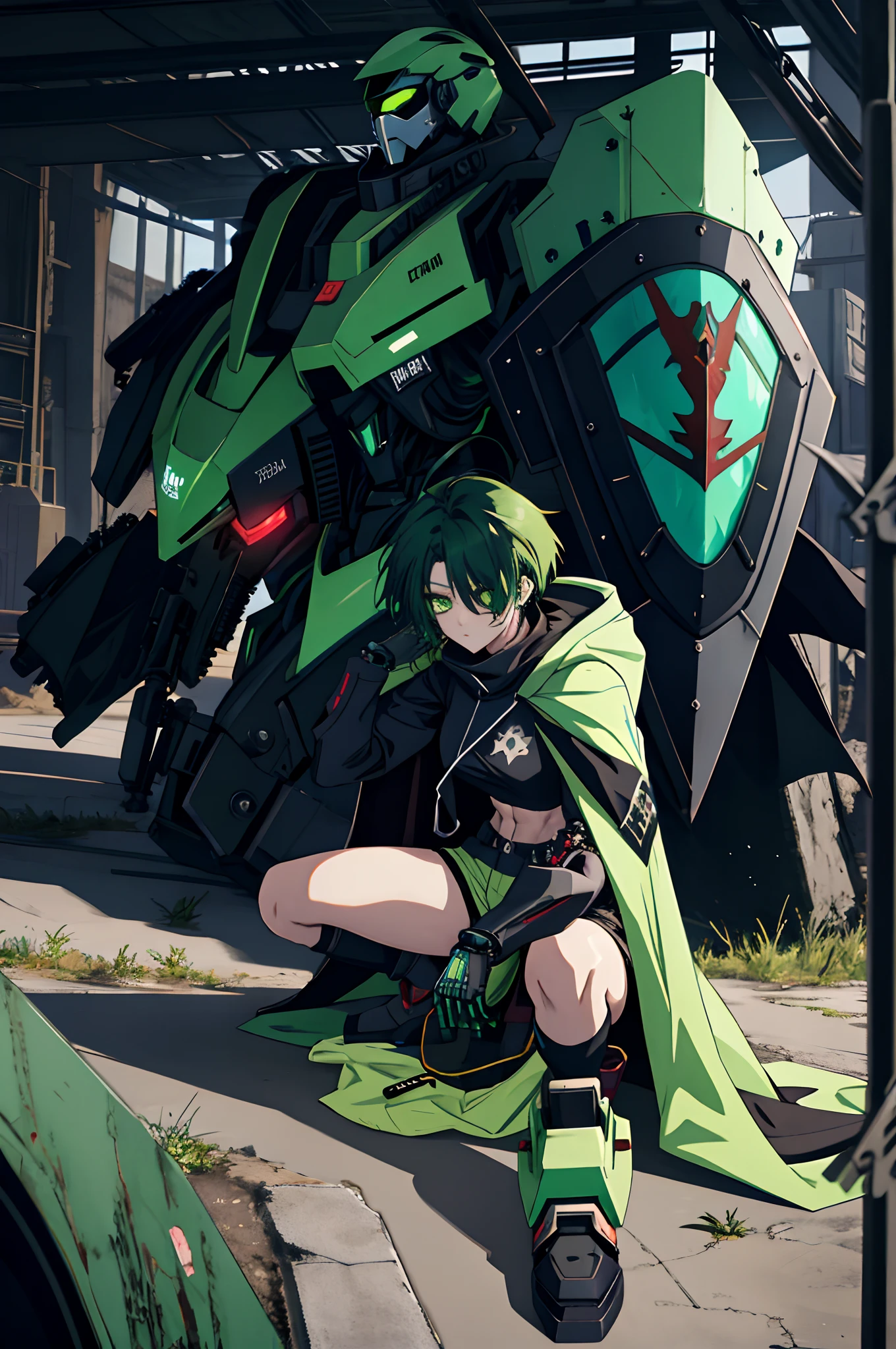 Anime girl sitting on the ground，Black cape and green hair, rogue anime girl, the anime girl is crouching, Wearing a cloak on the blasted plain, asuka suit under clothes!, holy cyborg necromancer girl, badass posture, mechanic punk outfit, anime styled 3d, render of a cute 3d anime girl, gapmoe yandere grimdark, Female character，musculature，Abs，Glowing green eyes，Black hair with green gradient，short detailed hair，Bunched hair，Dull hair，huge tit，Tomboyish，Be red in the face，looking at viewert，There was a mech next to her，One-eyed mech，The mech extends its shield to protect her