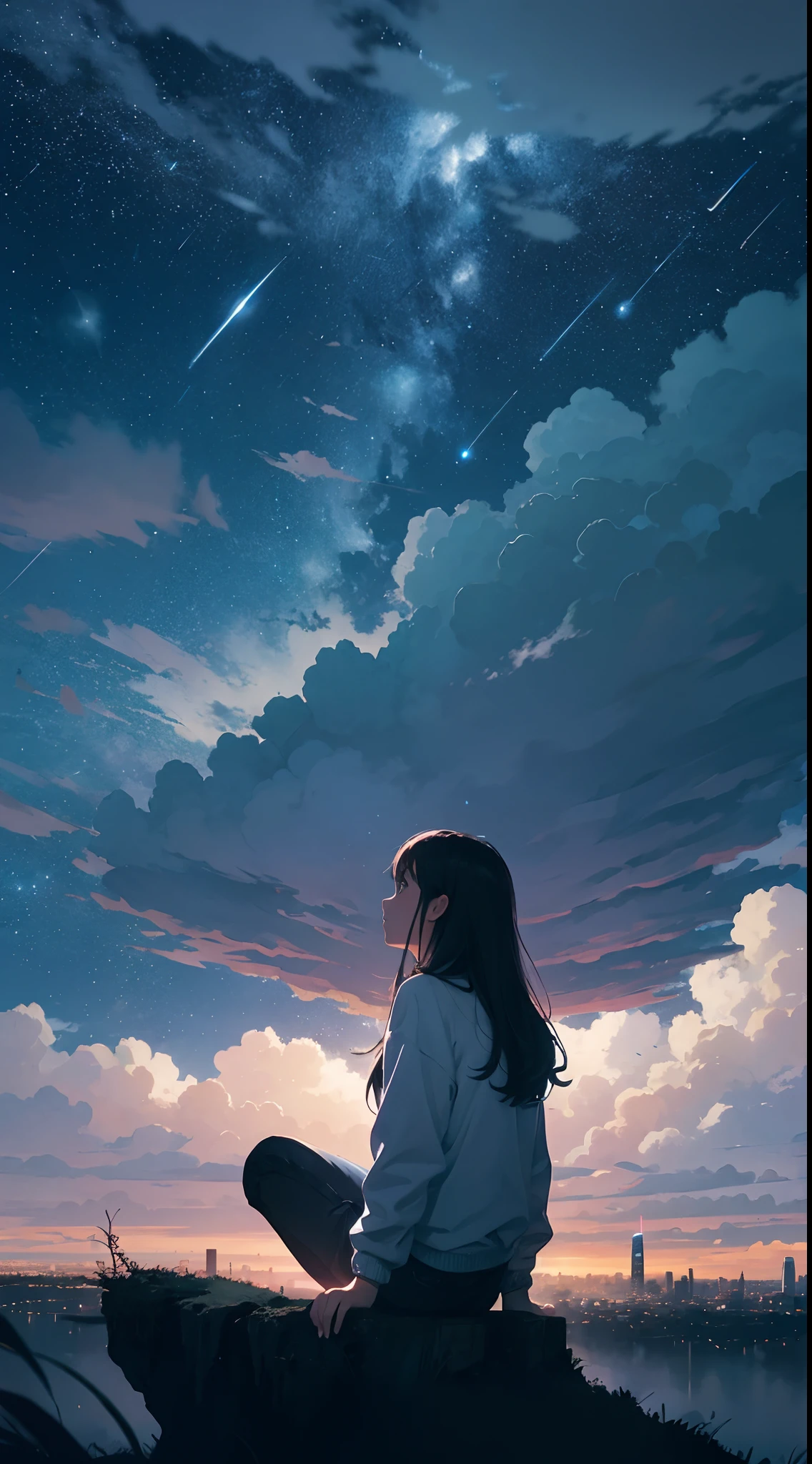 A woman sitting on a hill looking at the sky with a shooting star in ...