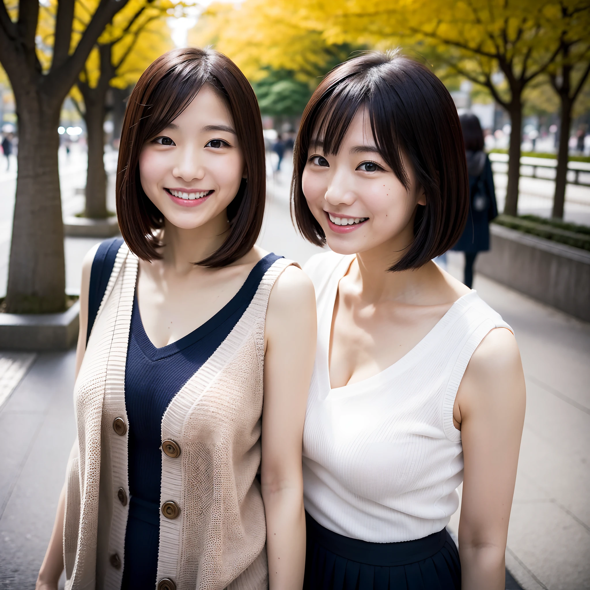 The season is spring、Cherry blossoms are blooming、Two Japan women taking photos in a park on the Sumida River in Japan、One was a 27-year-old woman.、small breasts with loose fluffy long bob hair、One is a 31-year-old woman with small breasts and long bobs...The two are having fun、small tits、Small、discreet breasts、I'm wearing a sleeveless dress、I'm wearing a cardigan、street snap、Adult personal clothes、ssmile、Look at me with a kind smile.、The background is Tokyo、The bra is visible through the gap in the sleeves、I'm seducing you by showing you my bra、Brachira、You can see the bra through the gap