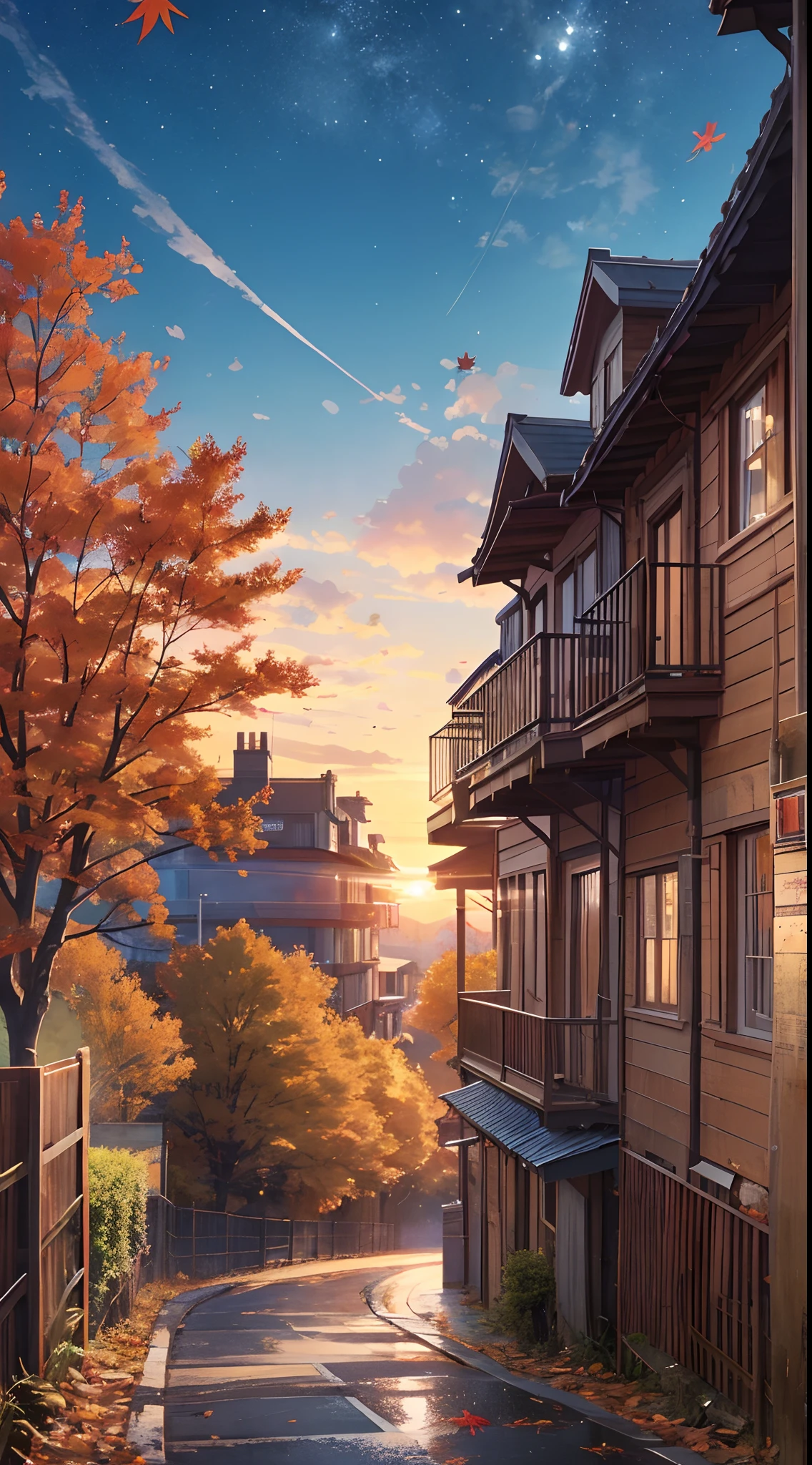 Makoto Shinkai、((A masterpiece)),((Highest quality)),、The anime、Autumn Sky、Arbre mort、feuilles mortes、1Femmes、Looking up at the autumn sky、automne、Beaux paysages、Beau ciel de coucher de soleil、The magic hour、Il y a un peu de vent、perspective、