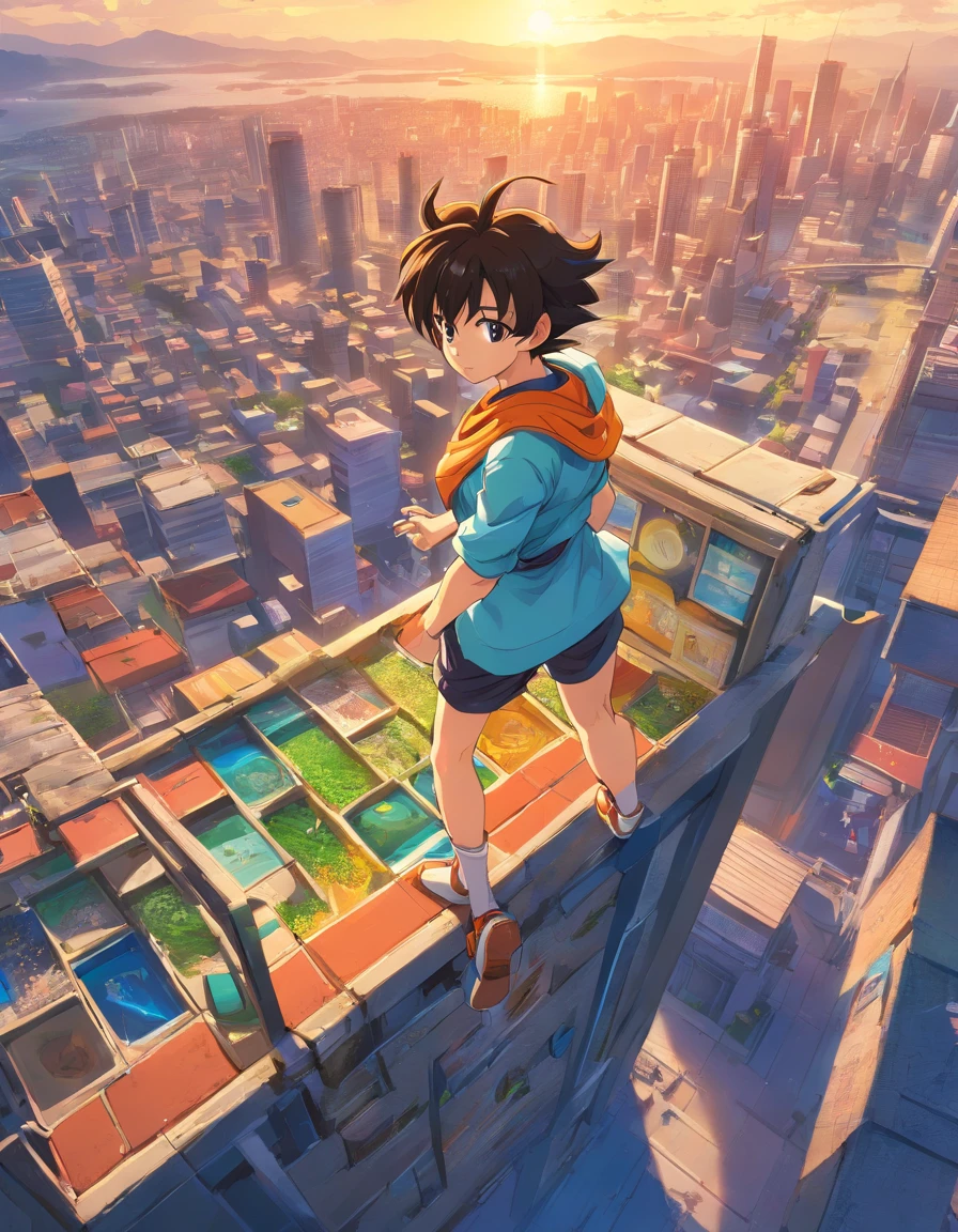 Uma cidade estilo dragon ball, Narration of the father of the table, where it is totally destroyed, View from above, vista de cima para usar o token de mesa RPG, top RPG tablet view, It has a style that reflects a destroyed Dragon Ball anime city, View from above,