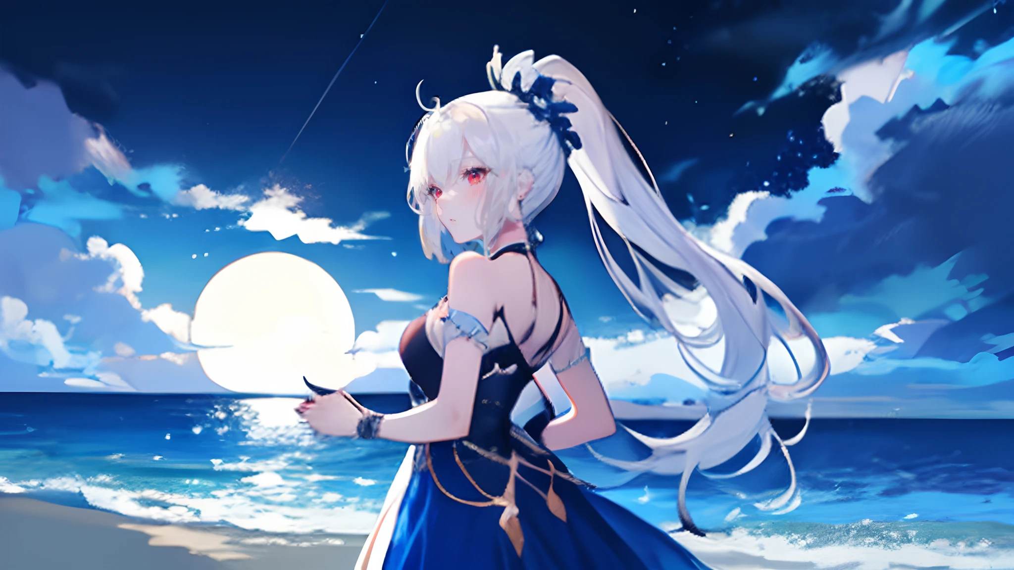 1girl, adult girl, ponytail hair,White hair,hair accessories,red eyes,white and dark blue beautiful dress, moon dress accessories, beach, sea moonset, full moon, night, dynamic light