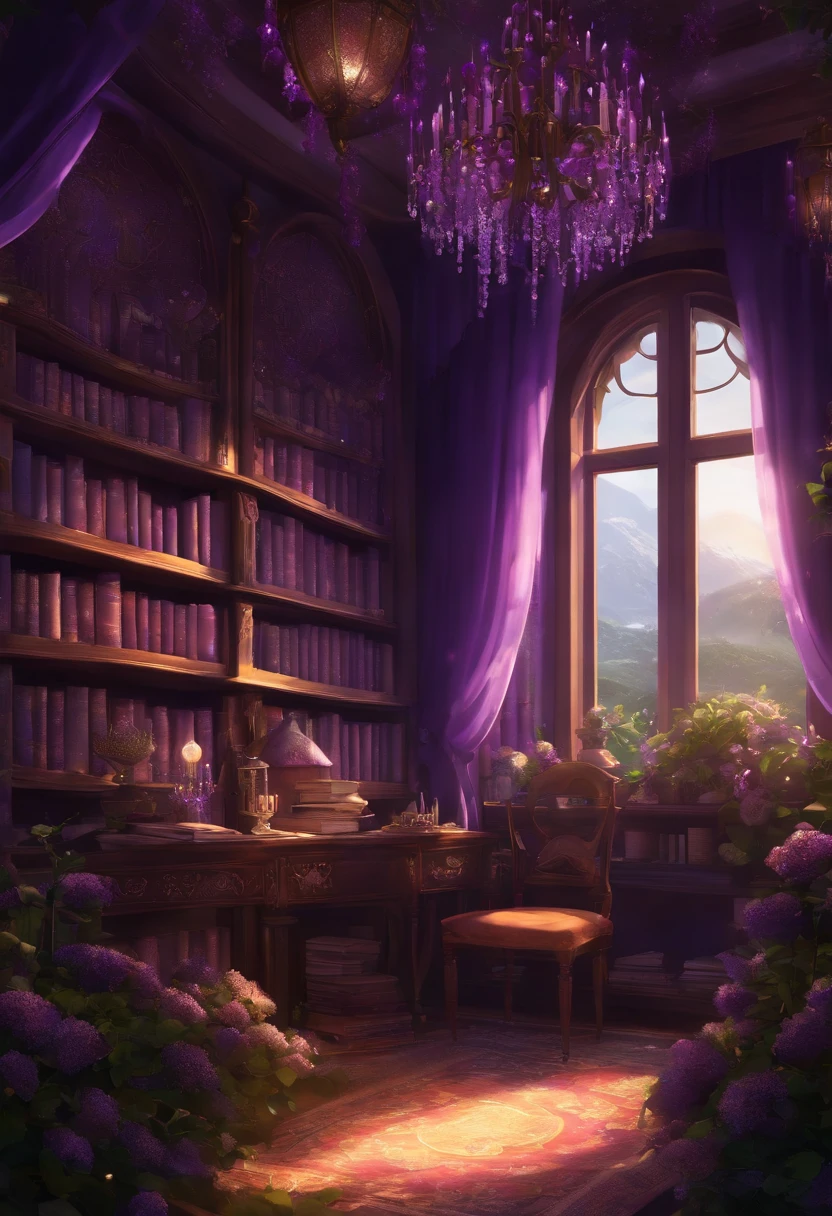 Casa embrujada, glicinias, purple aura, Linternas, amatista, Libros esparcidos por el suelo, room filled with wisterias and crystals, anime style, cartoon, magical