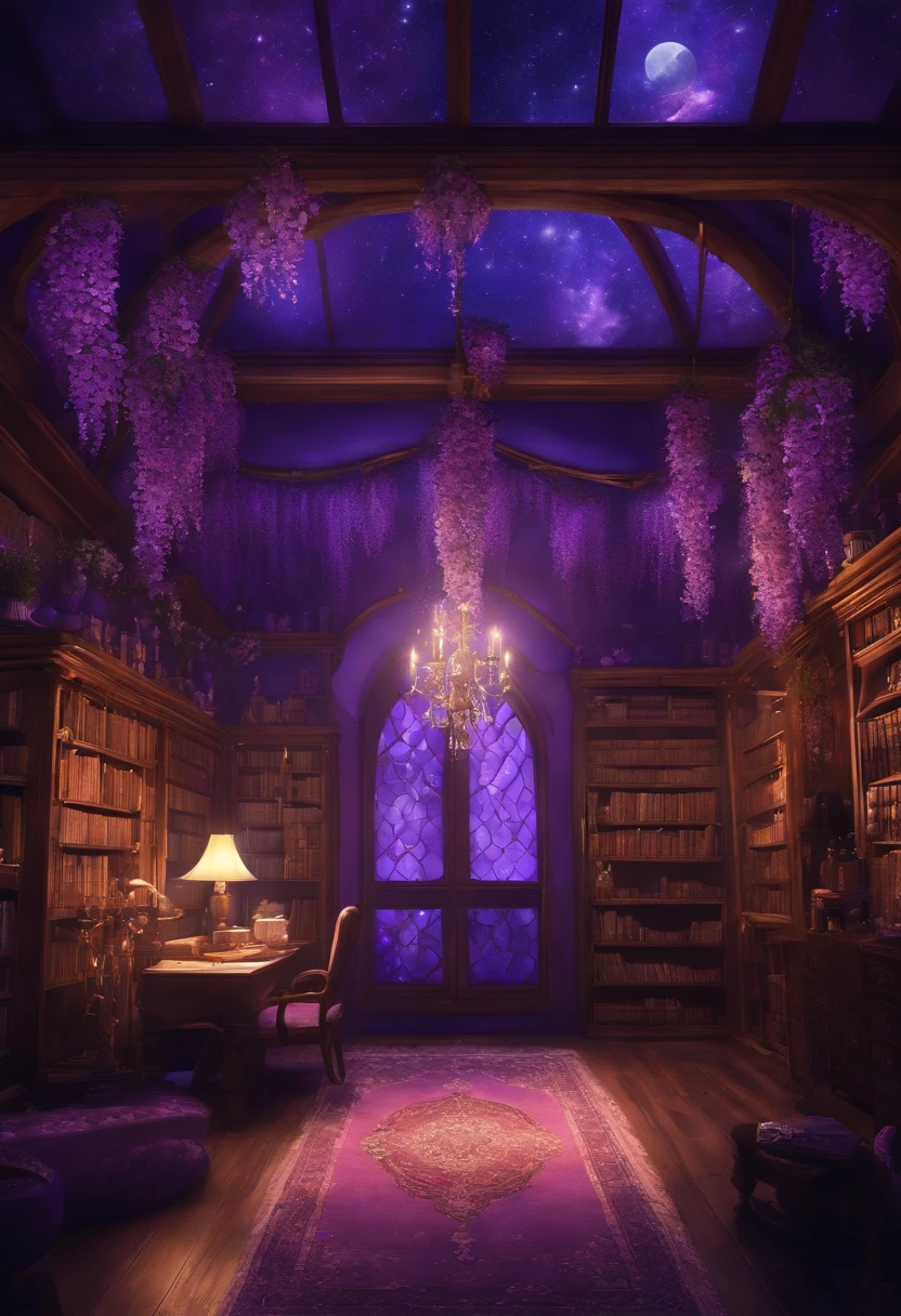 Casa embrujada, glicinias, purple aura, Linternas, amatista, Libros esparcidos por el suelo, room filled with wisterias and crystals, anime style, cartoon, magical