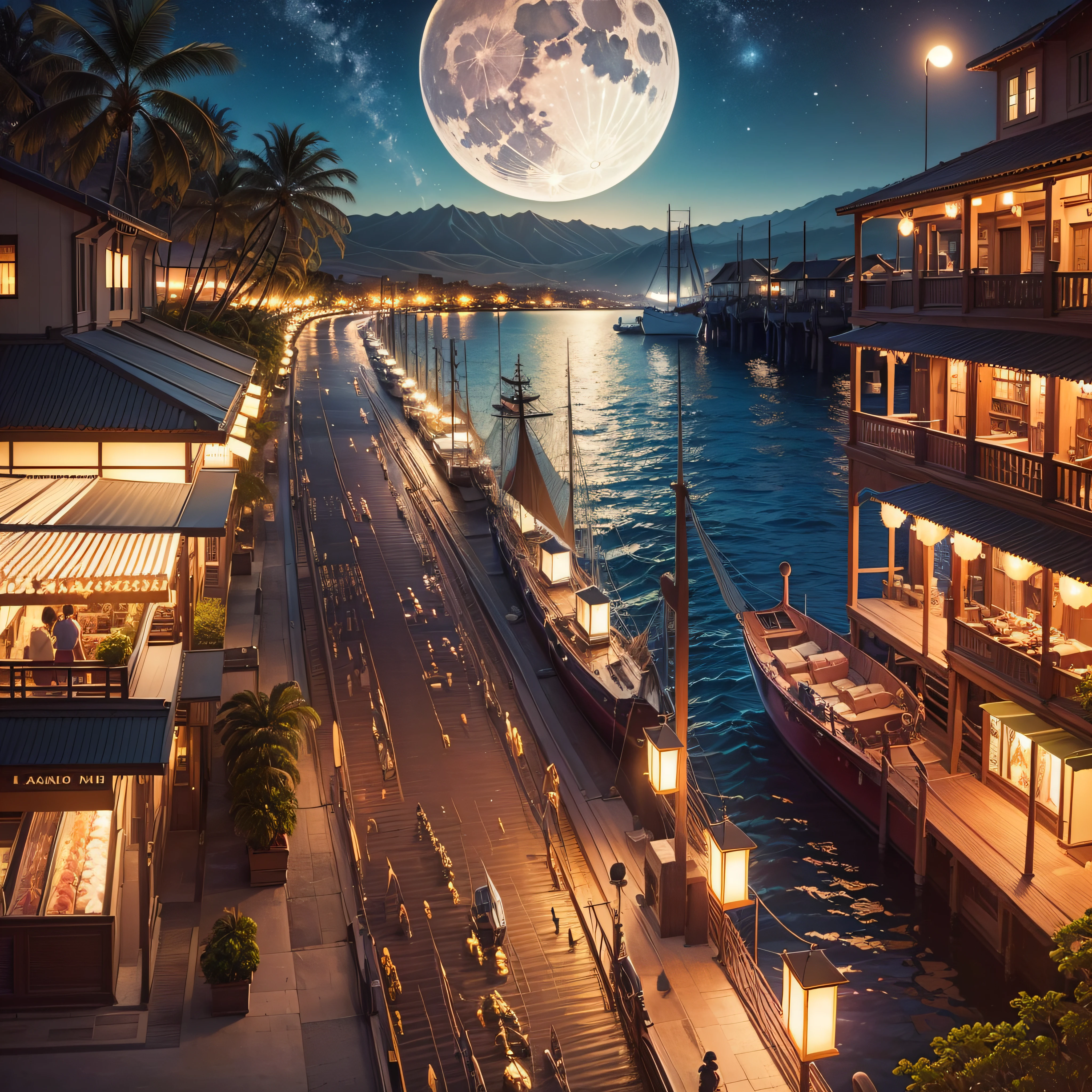 beautiful Hawaii, Lahaina ocean, boats Stores, Galleries, are in view the moon is full night (best quality,ultra - detailed, Illustration,Best shadow,masterpiece,A high resolution,professional artwork,famous artwork, In the style of Christian Riese Lassen Hawaii Artist