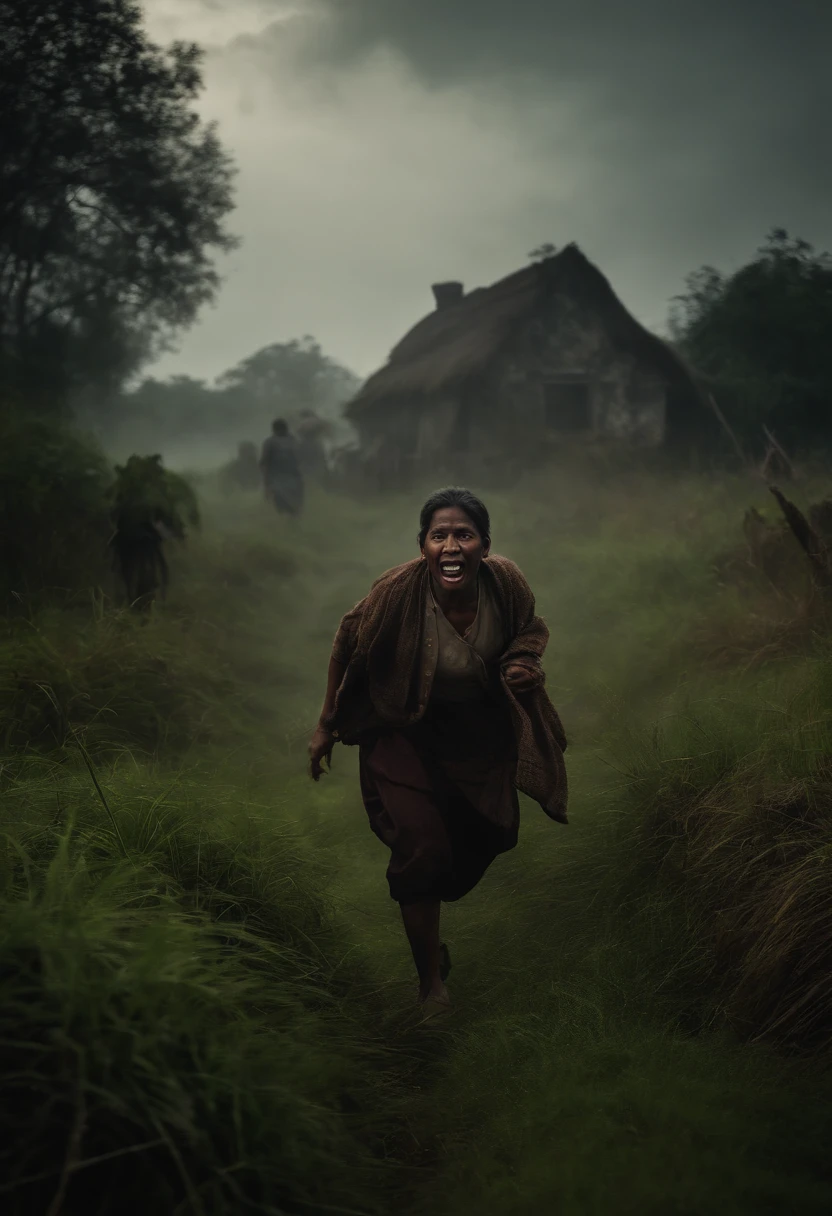 An angry lunatic running after people in a village on an island (scenery: grassland, forest), foaming at the mouth, (best quality, 4k, highres, masterpiece:1.2), ultra-detailed, (realistic,photorealistic,photo-realistic:1.37), horror, vivid colors, bokeh, dark atmosphere, (extreme close-up on the mouth), eerie lighting, terrified villagers fleeing, chaotic scene, crumbling village houses, (overcast sky), misty forest, intense expression, sinister look, dilapidated surroundings, distressed villagers, fear in their eyes, (color palette: dark and gloomy hues), (dramatic shadows), dense vegetation, wild grass, (elevated perspective), (ominous silence).