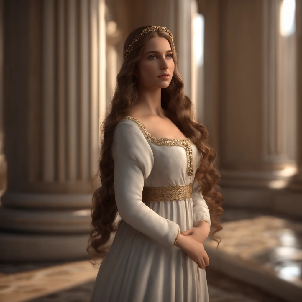 full height, antique marble sculpture, beautiful girl standing in full height , beautiful eyes, cute face, very feminine, (((combing long hair)))), correct hands, beautiful hands, dressed in a tunic, in the style of the artist Gian Lorenzo Bernini, 3d render, octane render, unreal engine, blender, cinema 4d