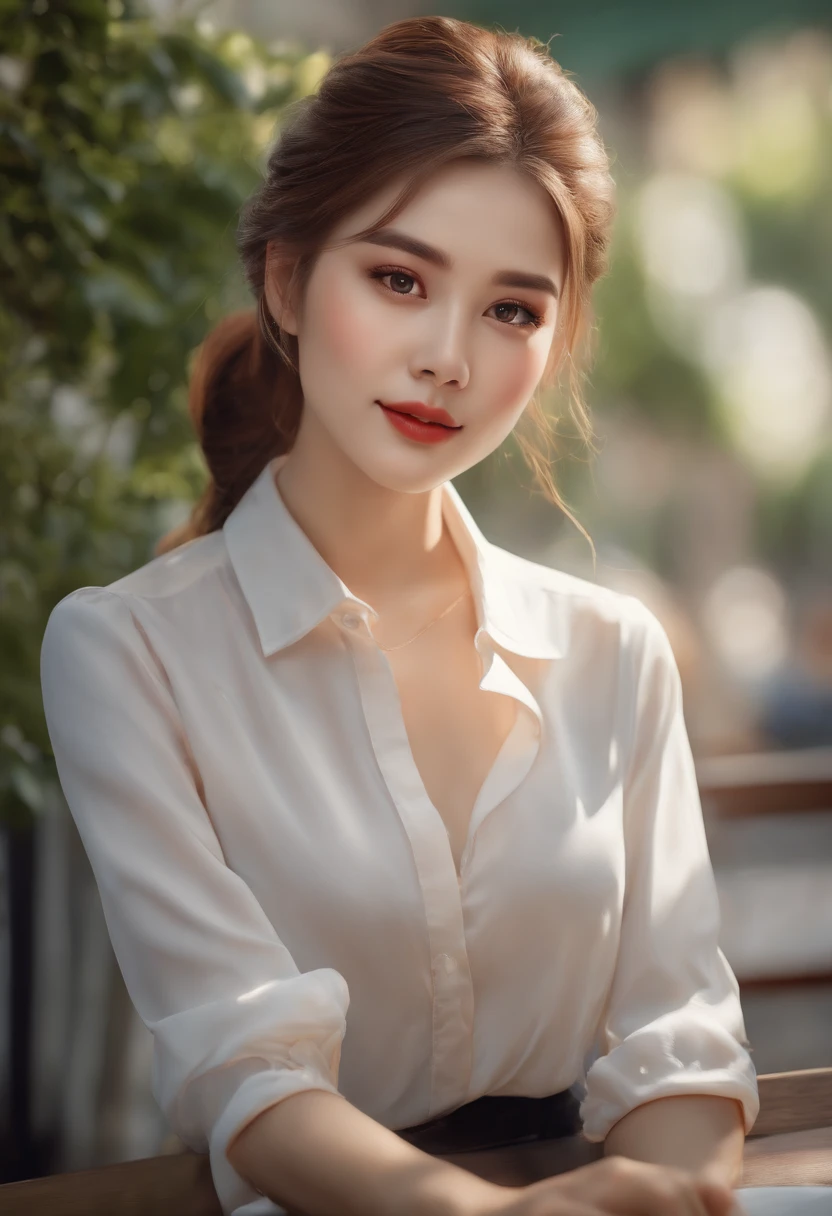 (high quality,4k,8k,highres,masterpiece:1.2),ultra-detailed,(realistic,photorealistic,photo-realistic:1.37),portraits,beautiful detailed eyes,beautiful detailed lips,long hair,uniform,  girls,girl with long hair in casual dress sitting on a coffee shop, gesture,Mare,professional,vibrant colors,soft lighting,subtle shadows,messy bun,hair strands,buttoned-up shirt,pleated skirt,light breeze,stunning graceful posture,confident expressions,expressive eyes,curvy eyelashes,subtle blushing,sparkling highlights,sharp details,soft skin,precise shading,luminous atmosphere,dynamic composition,realistic rendering,sublime artwork, small rounded eyes, Chinese teen, glossy pink lips, alluring cute smile, show crossed legs, k pop looks