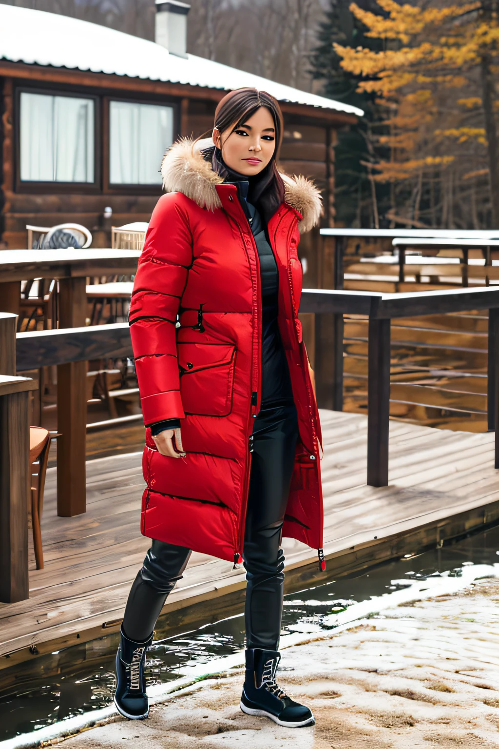 Make a woman with big breast, Red long winterjacket , with open zipper, with face, body, Lakeside house, travel bag, dog, Nude