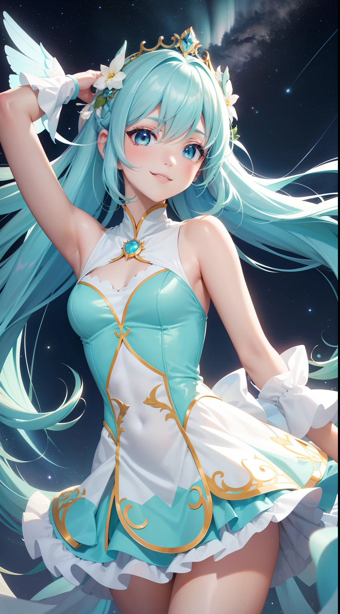 Super Idol　a beauty girl　A charming smile　sky blue hair　length hair　Twin-tailed　Bright green and white sexy leotard outfit　Mystical　Fantasia　constellation　a moon　Crystal Brilliance　Aurora Borealis in the Night Sky