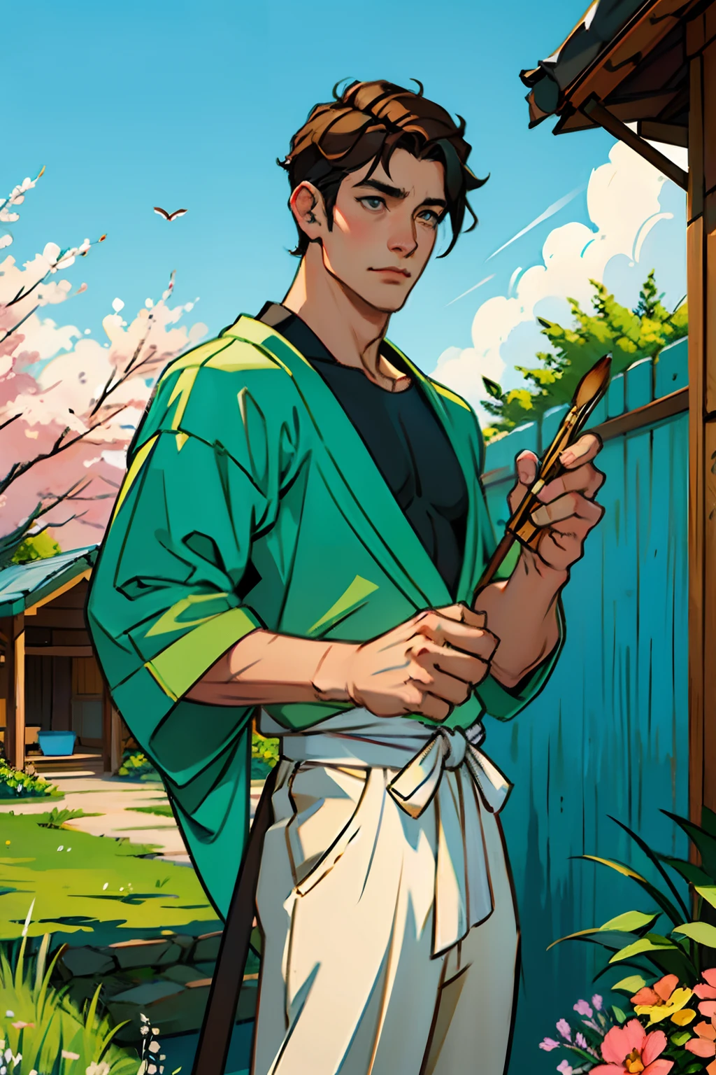 A male artist, holding a brush and palette, painting, background is springtime, mood is creative, artistic, gentle, sensitive, outside, daytime light, character design.