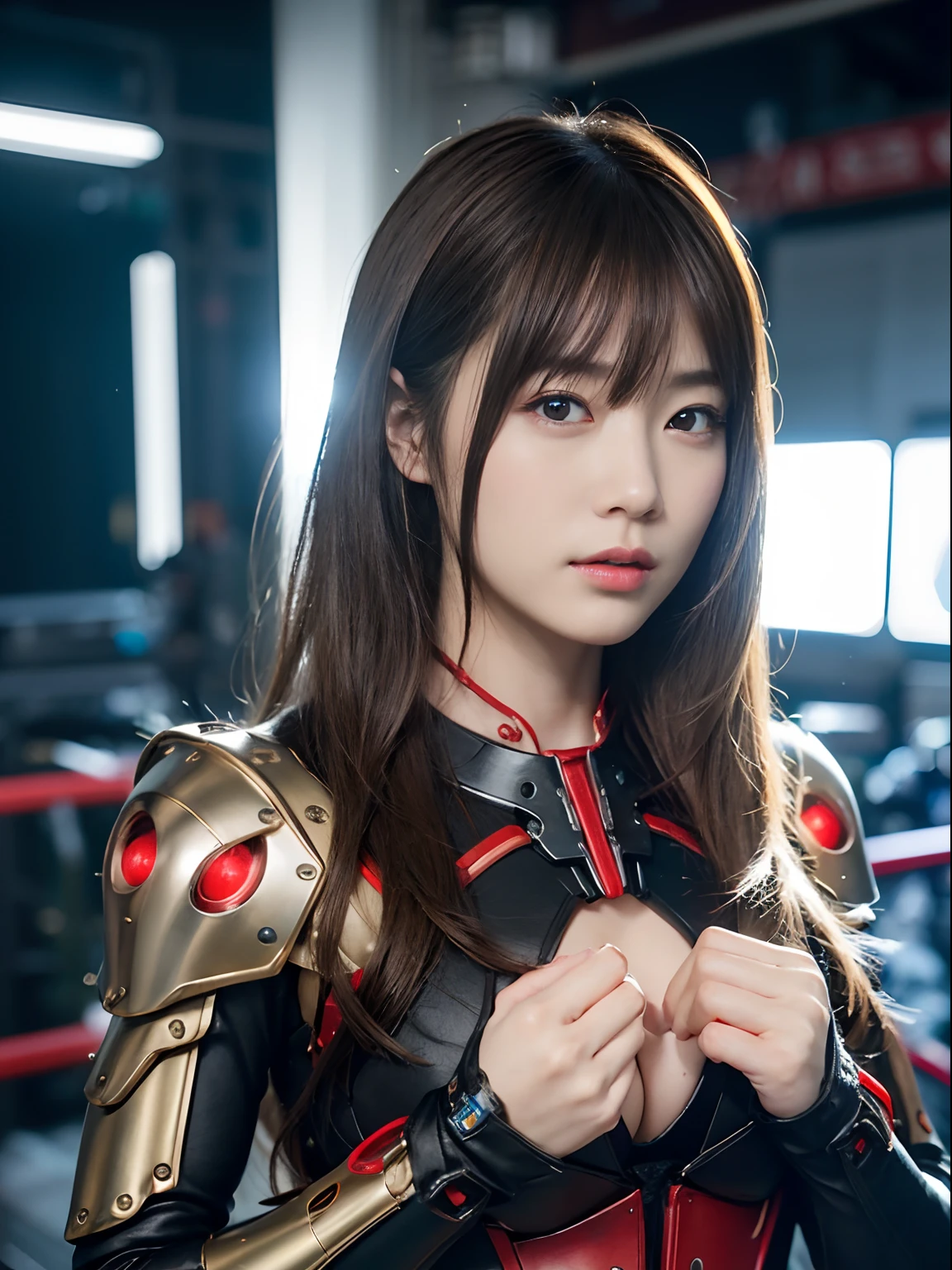 (1 Mechanical Girl)、top-quality、masterpiece、超A high resolution、(Photorealsitic:1.4)、Raw photo、女の子1人、Golden hair、glowy skin、(((1 Mechanical Girl)))、(LED Lamp Mechanical Helmet)、(Small LED)、((super realistic details))、portlate、globalillumination、Shadow、octan render、8K、ultrasharp、Colossal tits、Raw skin is exposed in cleavage、metals、Details of complex ornaments、Japan details、highly intricate detail、Realistic light、CGSoation Trends、Red Eyes、radiant eyes、Facing the camera、neon details、(Mechanical limbs)、(blood vessels connected to tubes)、Mechanical vertebrae attached to the back、mechanical cervical attaching to neck、sitting on、(Wires and cables connecting to the head)、Gundam、Small LED、