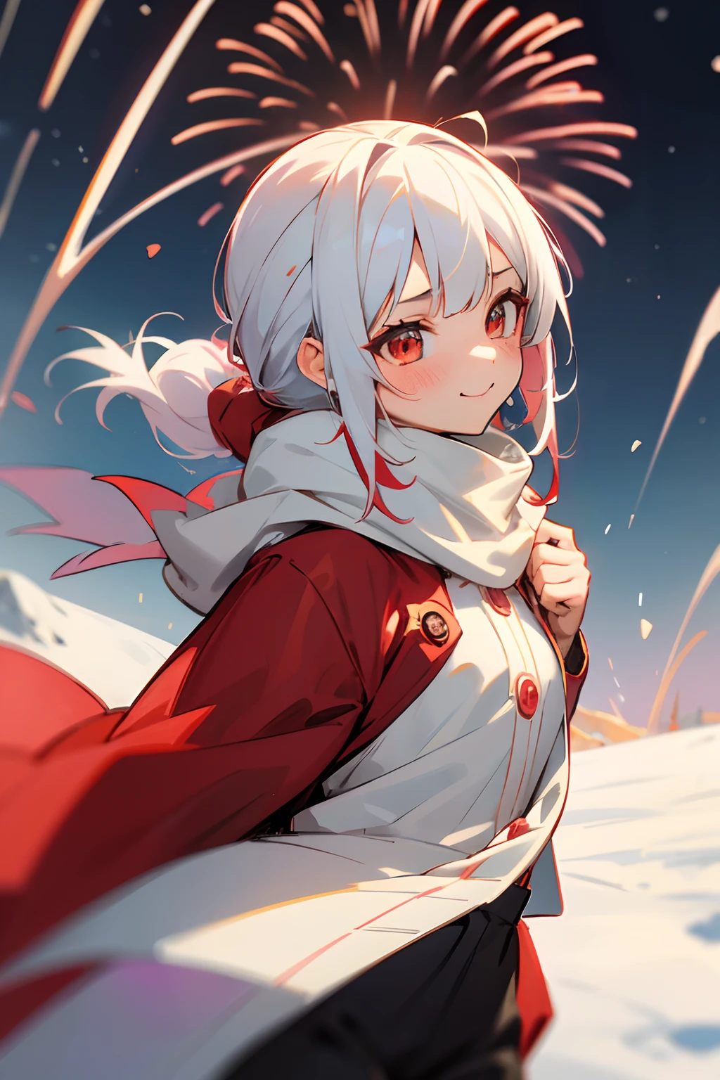 anime young girl, demon slayer art style, white colored hair, small hair, hair tied back, red colored eyes, surprised face, happy smile, blush on cheeks, winter clothes, scarf, red coat, pants, snowy mountains scenery, fireworks explosion behind her, multicolored colors on her face, breathing with cold wind, snow on clothes, 4k masterpiece, vivid colors, cute color palette, bokeh, beautiful lighting, anime art style, demon slayer art style