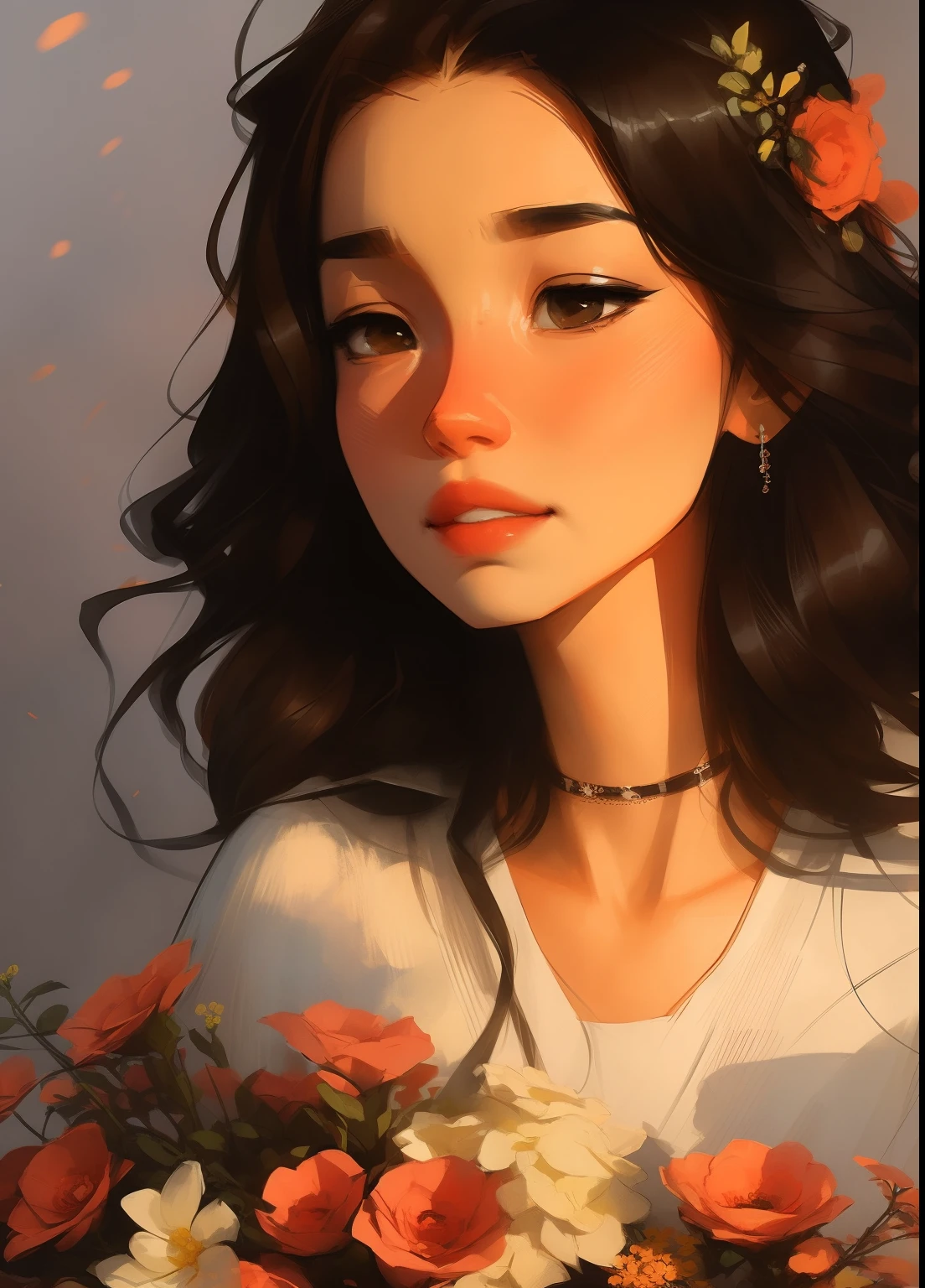 samdoesarts Charlie Bowater realistic Lithography sketch portrait of a woman, flowers, [gears], pipes, dieselpunk, multi-colored ribbons, old paper texture, highly detailed