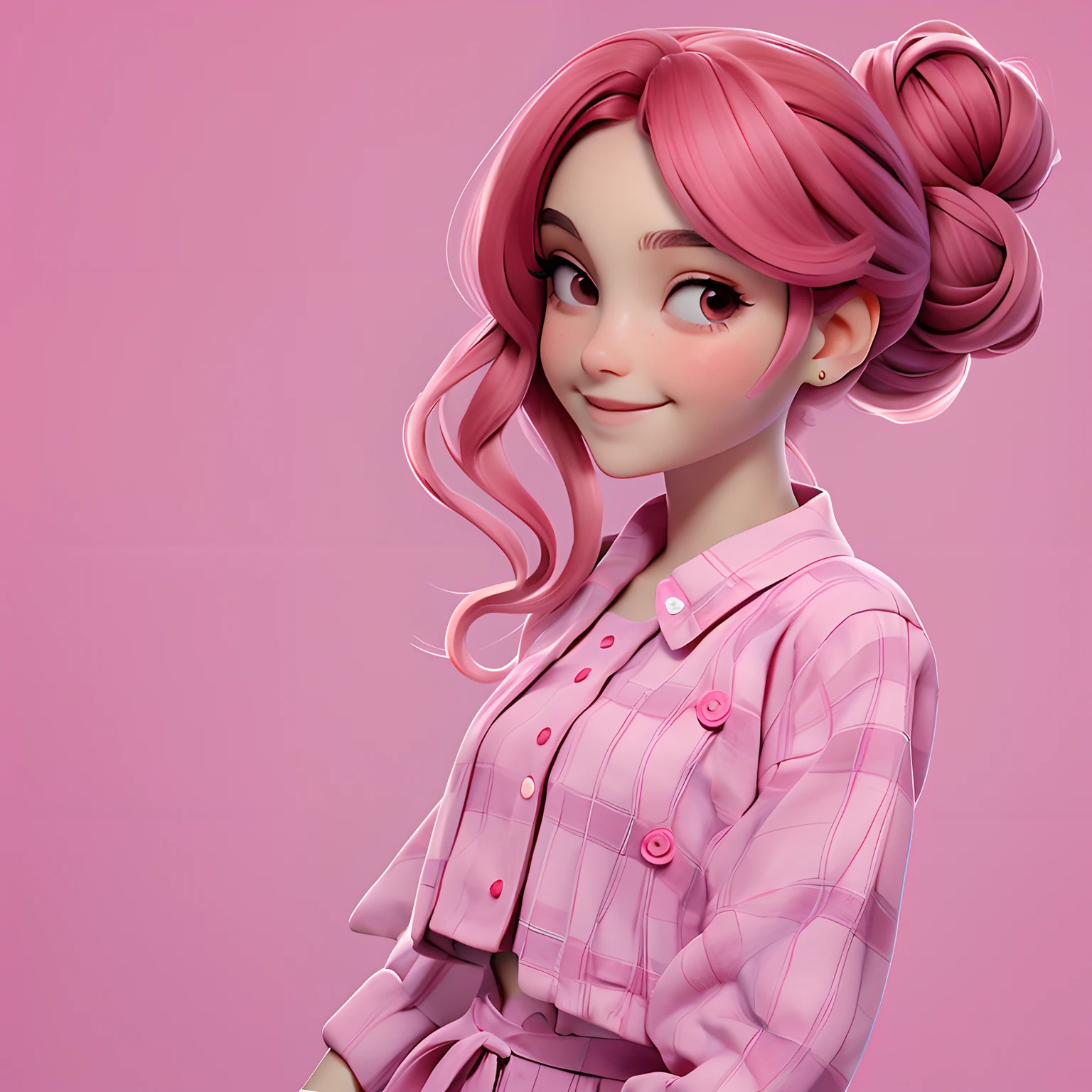 uma meniur hair is stuck in a messy bun, red hair, multicolorido, roupas leves, corpo inteiro, The background is filled with a pastel shade, evoking a sense of lightness and happiness.