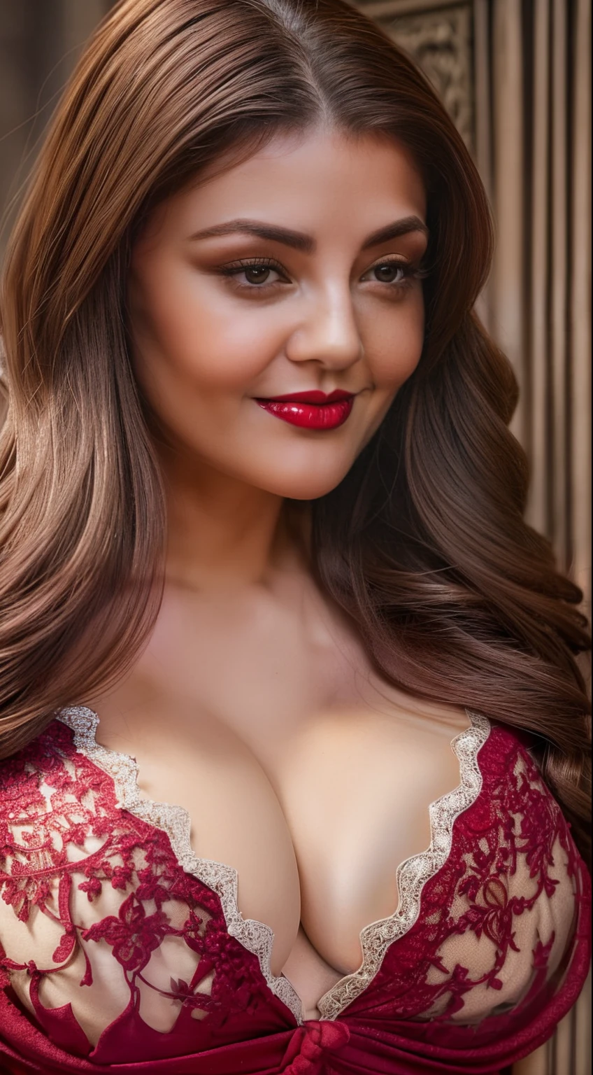 (Extremely detailed, filigree, Slightly fat, plumw, Bigchest, huge tit, M cup, Red crewneck dress, Refined face, largeaperture, Close-up of people,Full Tits,ssmile,Redlip,stocklings,low chest,deep v big breasts