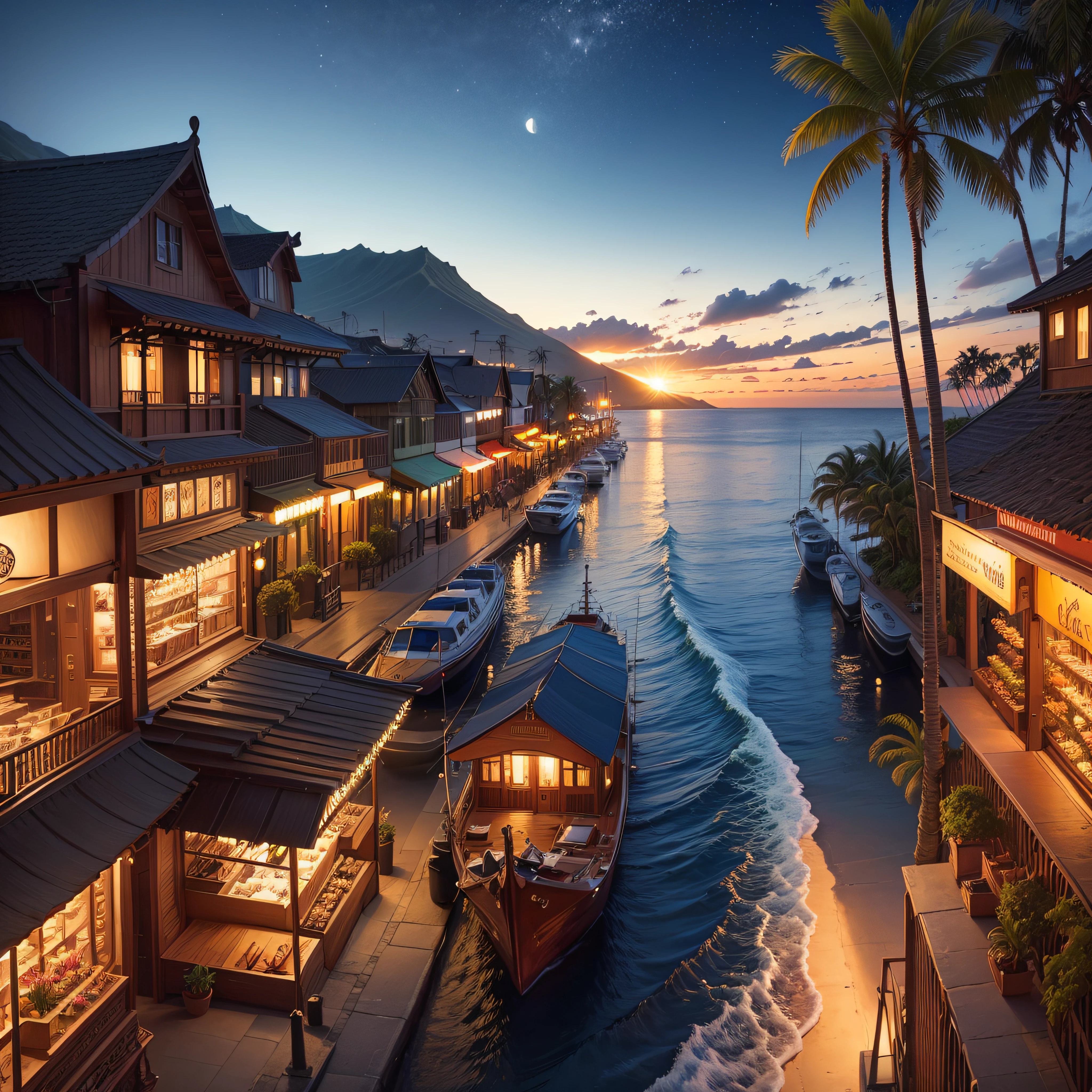 beautiful Hawaii, Lahaina ocean, boats Stores, Galleries, street, moon is full night (best quality,ultra - detailed, Illustration,Best shadow,masterpiece,A high resolution,professional artwork,famous artwork, In the style of Christian Riese Lassen Hawaii Artist