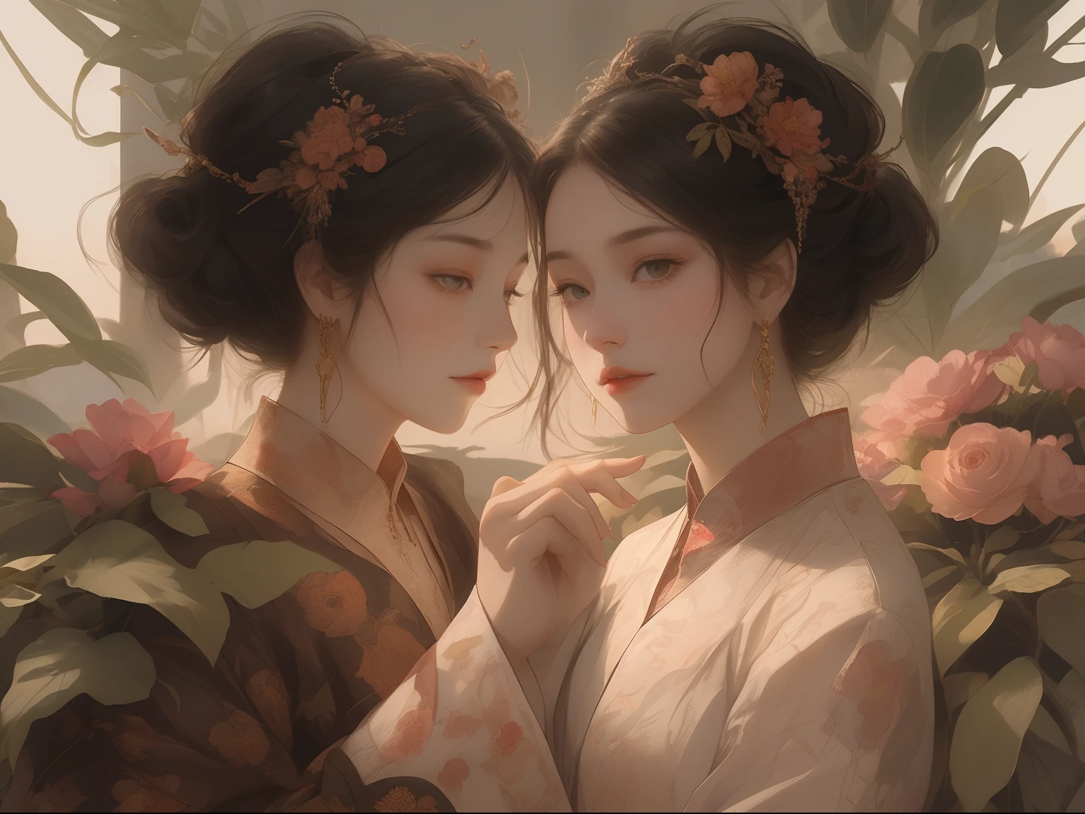 Best quality、tmasterpiece、A high resolution、2 flat-chested girls、White porcelain soft satin dress、white dresses，long white robe，Delicate hair accessories、Fine Necklace、detailed jewellery、pretty  face、Physically、Flat and thin body，smallunderboob，Tyndall effect、realisticlying、Surrounded by white flowers、White flowers，edge lit、Surrounded by white flowers、bicolor lighting、（highdetailskin：1.2）、8K, Ultra HD、Digital SLR、softlighting、high high quality、volumettic light、sneak shot、photore、A high resolution、4K、8K、The background is blurred out，