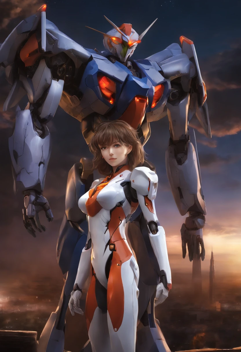 Masterpiece, Best quality, Ultra-detailed, illustration, 1girll, Highly detailed Evangelion costume, (Large robot background), Detailed skin texture, Beautiful detailed face, Intricate details, Ultra detailed