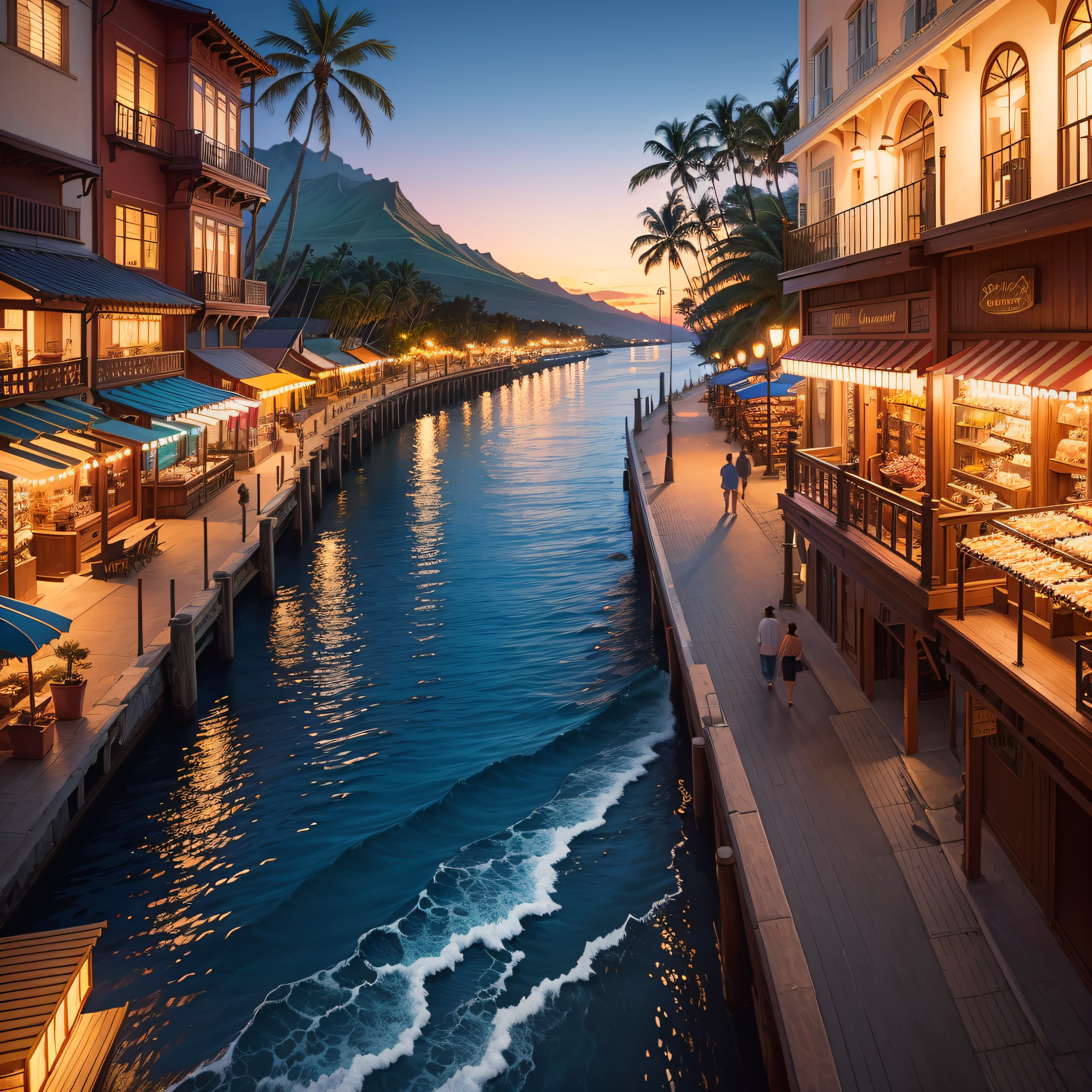 beautiful Hawaii, Lahaina ocean, boats Stores, Galleries, street, moon is full night (best quality,ultra - detailed, Illustration,Best shadow,masterpiece,A high resolution,professional artwork,famous artwork, In the style of Christian Riese Lassen Hawaii Artist