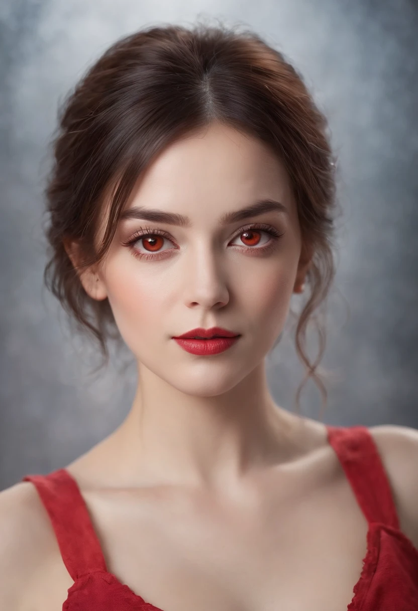 An ultra-detailed, realistic portrait of a woman with red eyes. The artwork is characterized by vivid colors and a professional touch. The focus is sharp and the lighting is perfectly set in a studio environment. The background is a beautiful blend of bokeh effects, adding depth to the composition. This masterpiece showcases the fine art of portraiture in the most captivating way.