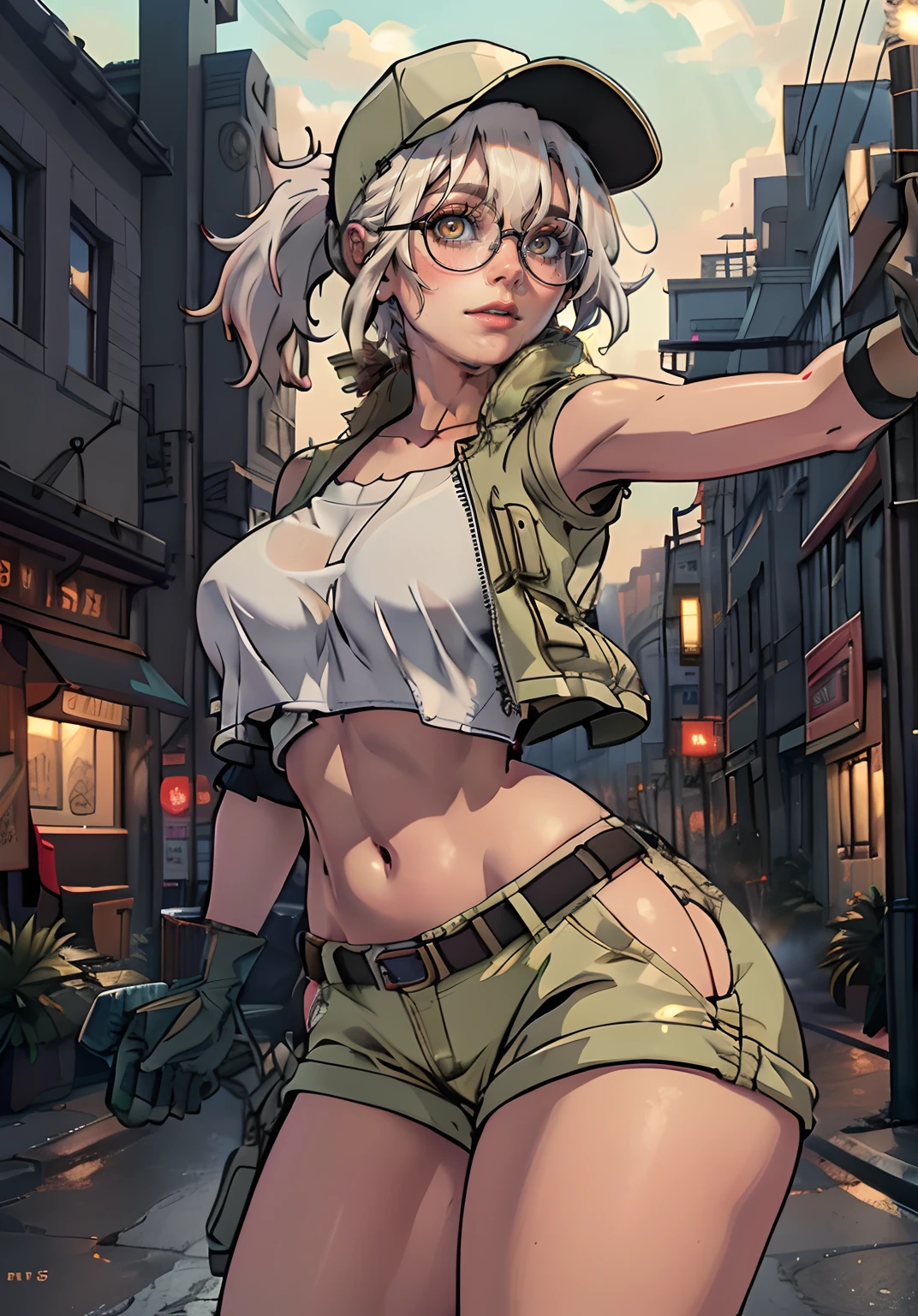 (FioGermiWaifu:1), 1girl, curvy, (shorts, crop top, gloves, round eyewear, vest, baseball cap), looking at viewer, cute pose, 
(masterpiece:1.2), (best quality, highest quality), (ultra detailed), (8k, 4k, intricate),(full-body-shot:1),(Cowboy-shot:1.2), (50mm), (highly detailed:1.2),(detailed face:1.2), detailed_eyes,(gradients),(ambient light:1.3),(cinematic composition:1.3),(HDR:1),Accent Lighting,extremely detailed CG unity 8k wallpaper,original, highres,(perfect_anatomy:1.2), solo, wide shot, nsfw,
(detailed ladscape, city, street:1.2),(detailed background),(dynamic_angle:1.2), (dynamic_pose:1.2), (rule of third_composition:1.3), (dynamic_perspective:1.2), (dynamic_Line_of_action:1.2), (((albino))))