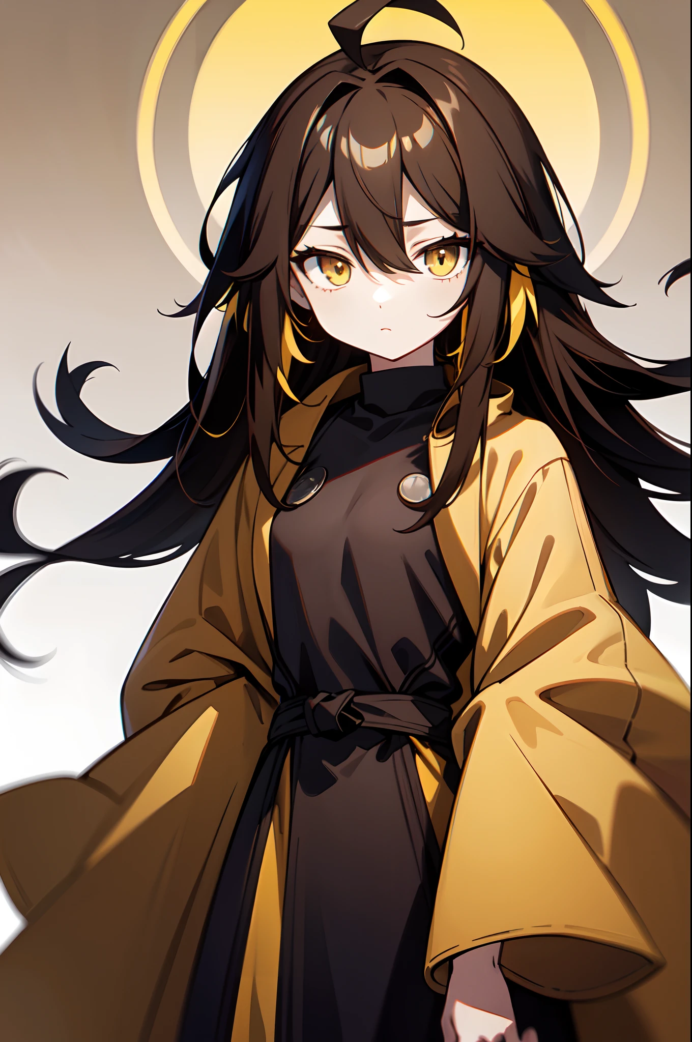 1girl, , solo, absurdly long hair, big hair, ahoge, hair bangs, hair between eyes, spiked hair, messy hair, (black hair, yellow hair, gradient hair:1.2), neutral, inexpressive, (small breasts, loli:1.2), yellow eyes, wearing just a simple coat, closed coat, (((brown coat))), arms behind back, robot hands, robot arms, pale skin, looking at viewer, standing, (upper body, face only), masterpiece, best quality, 4k