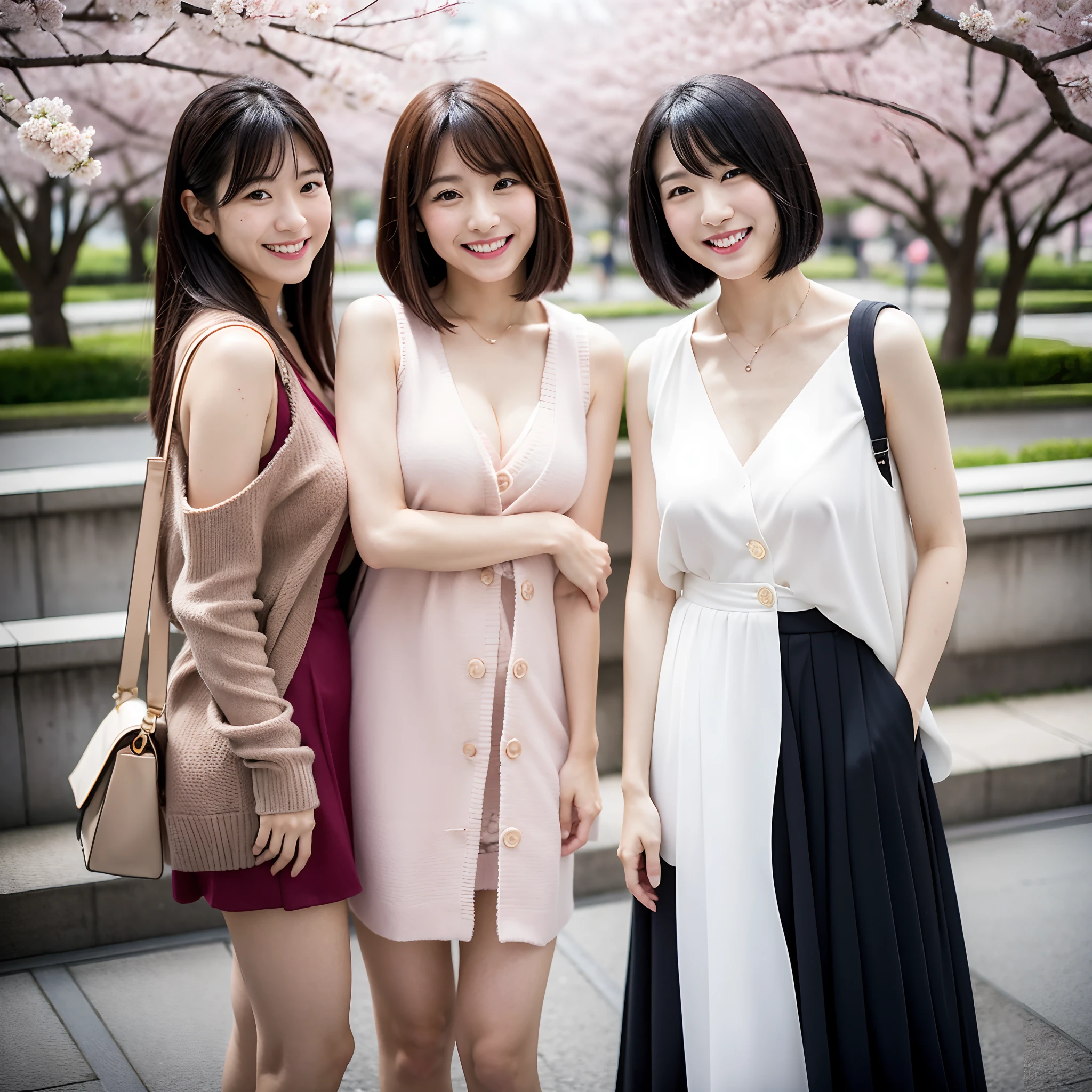 The season is spring、Cherry blossoms are blooming、Two Japan women taking photos in a park on the Sumida River in Japan、It was a 27-year-old woman..、It was a small breast with loose fluffy long bob hair、One is a 31-year-old woman with small breasts and long bobs......The two are having fun、small tits、Small、discreet breasts、Wearing a cardigan over a sleeveless dress、street snap、Adult personal clothes、ssmile、Look at me with a kind smile.、The background is Tokyo、