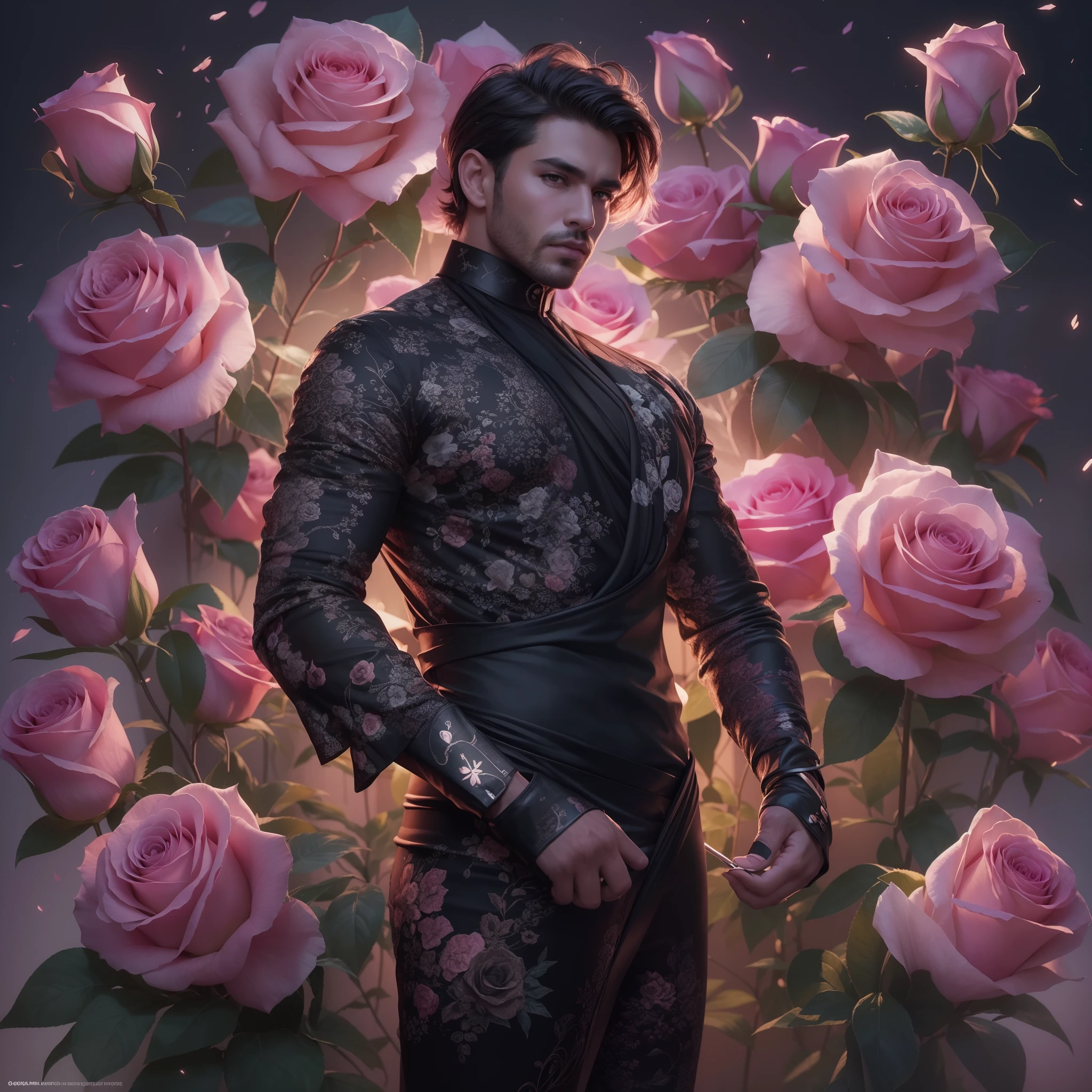 Neon rose flower  in hand of the  Mexican gangster having hand tattoos and wearing mask