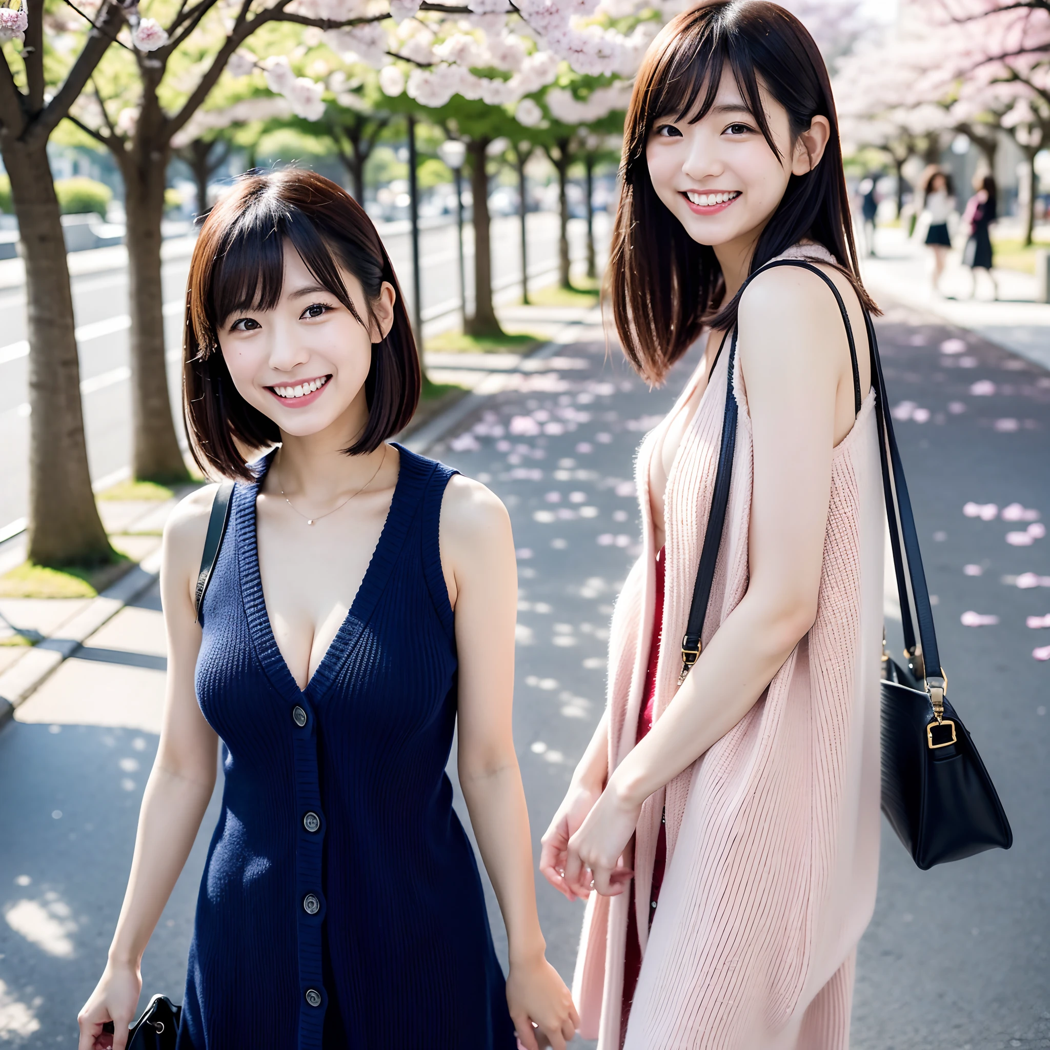 The season is spring、Cherry blossoms are blooming、Two Japan women taking photos in a park on the Sumida River in Japan、It was a 27-year-old woman..、It was a small breast with loose fluffy long bob hair、One is a 31-year-old woman with small breasts and long bobs......The two are having fun、small tits、Small、discreet breasts、Wearing a cardigan over a sleeveless dress、street snap、Adult personal clothes、ssmile、Look at me with a kind smile.、The background is Tokyo、