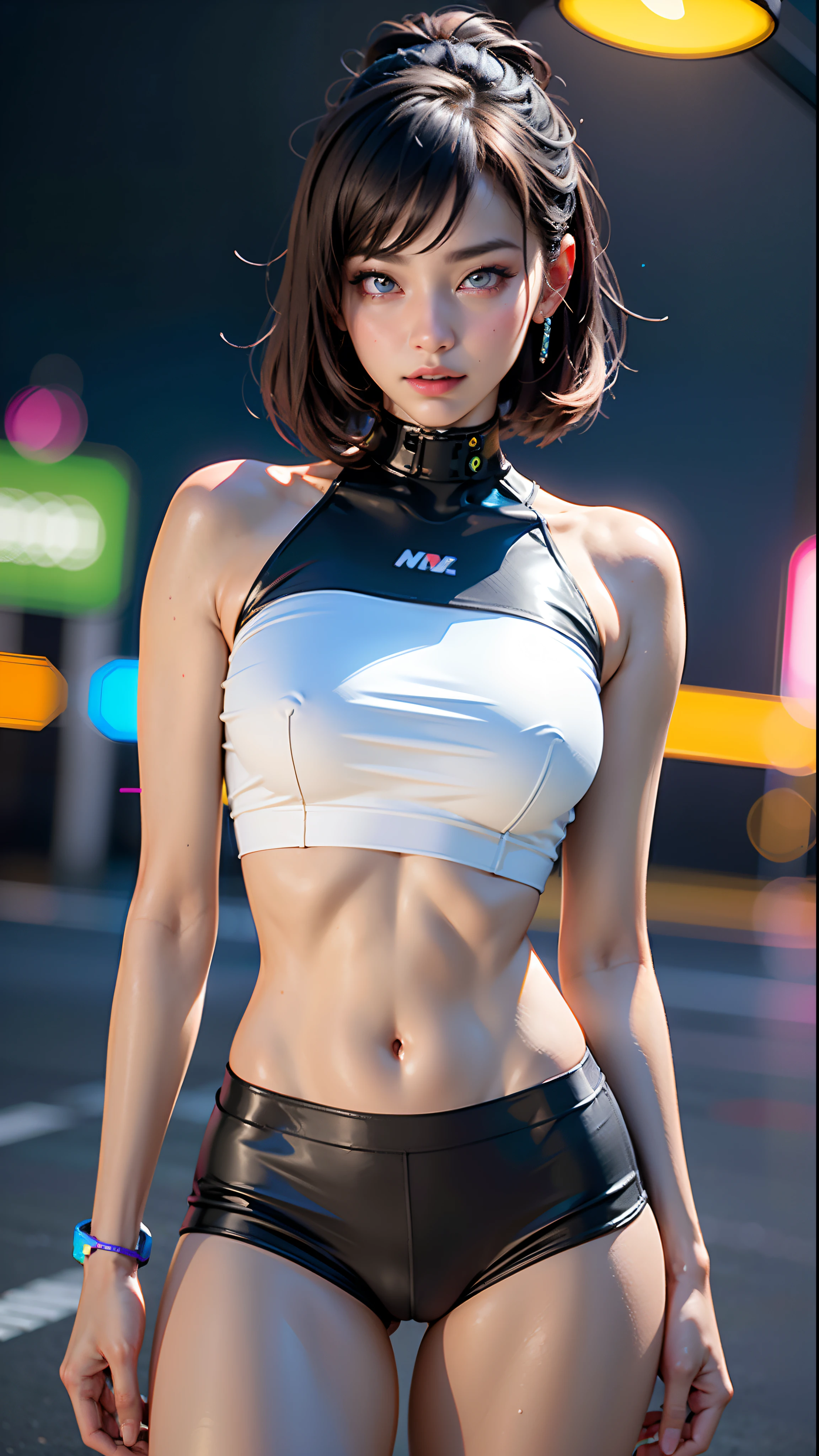 best qualtiy，tmasterpiece，A high resolution，1girl，Woman body defined thighs, cybernetic body parts，Short neon underwear，synth wave neon color clothes, bright clothes, sci-fy，Large breasts，Seductive pose, perfect eyes。A high resolution, 8k, Background bokeh, synthwave neon colors