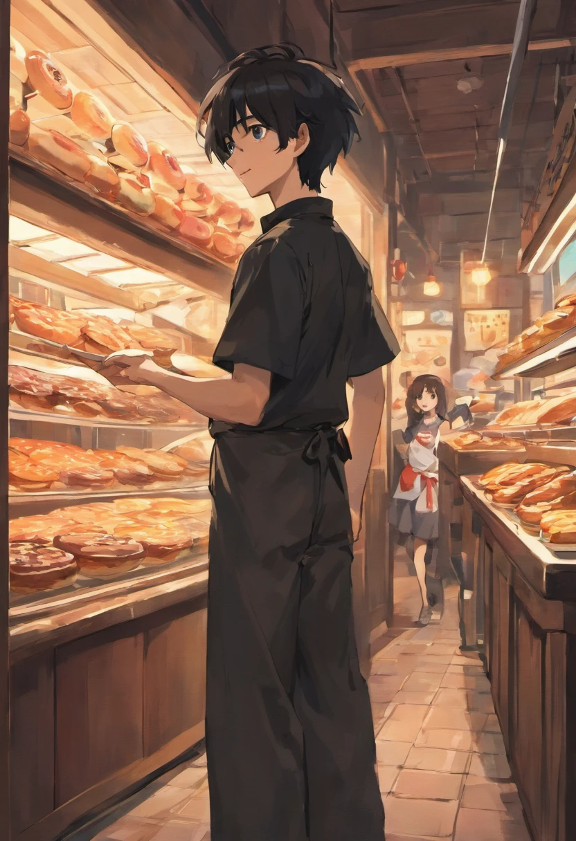 1boy, black hair, Black shirt, maroon apron, long brown trousers, standing in front of the donut shop, smiling, masterpiece, best quality, high res