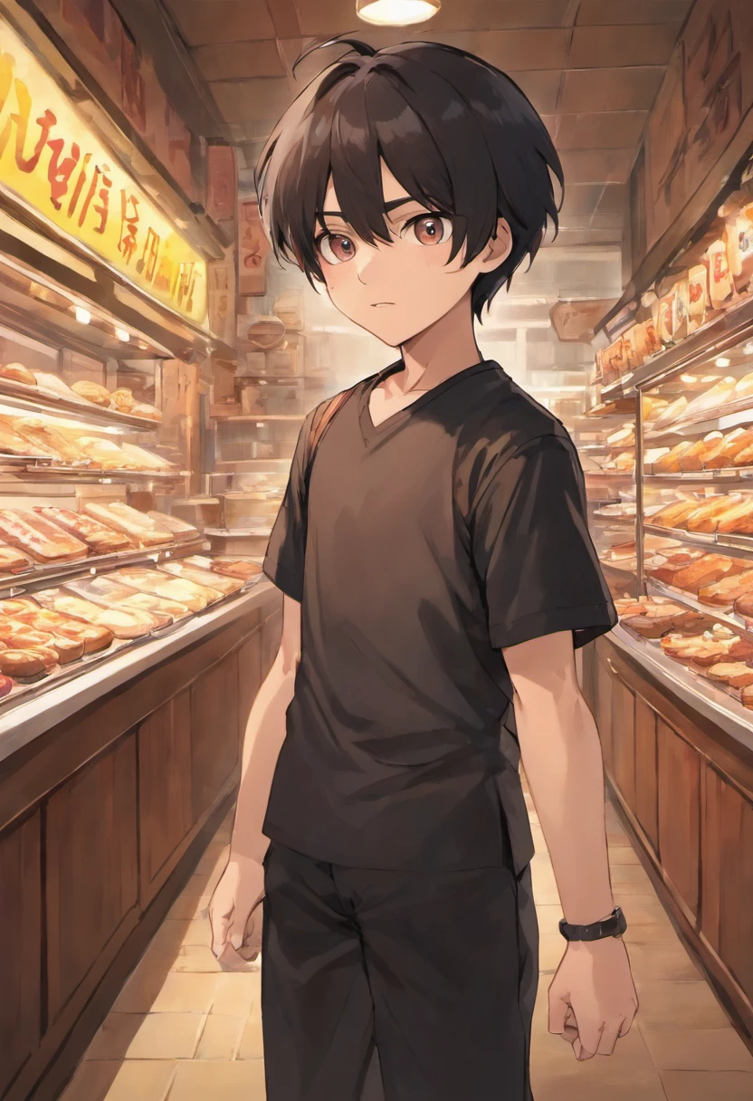 1boy, black hair, Black shirt, maroon apron, long brown trousers, standing in front of the donut shop, smiling, masterpiece, best quality, high res