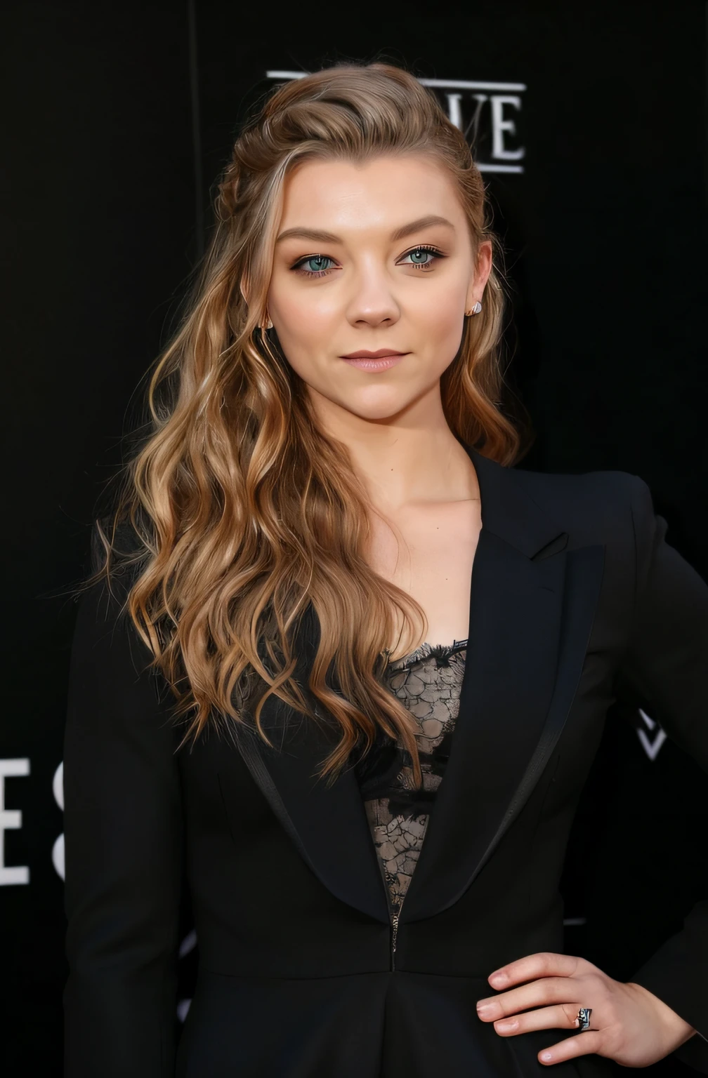 a woman in a black suit and a black top posing for a picture, natalie dormer wearing short dress, high heels