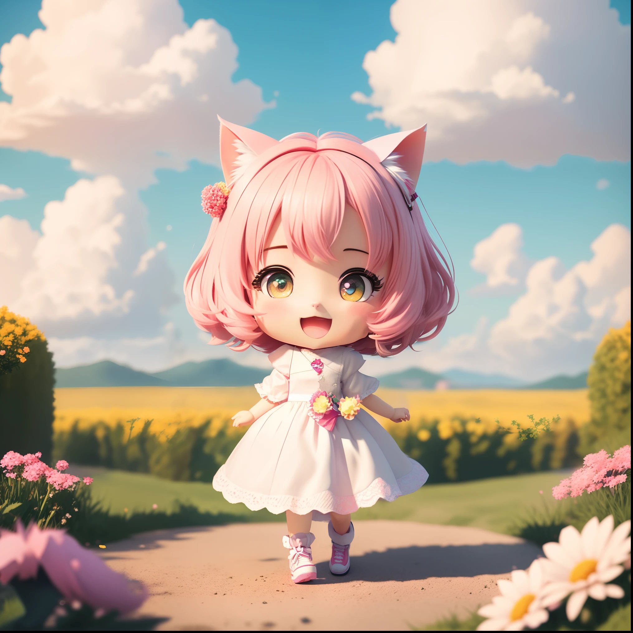 Anime girl with pink hair and pink ears walking on the path, render of a cute 3d anime girl, Cute detailed digital art, lovely digital painting, adorable digital art, cute 3 d render, cute anime catgirl, Kawaii realistic portrait, Stylized anime, anime girl with cat ears, Anime style. 8K, cute character, advanced digital chibi art, Cute anime