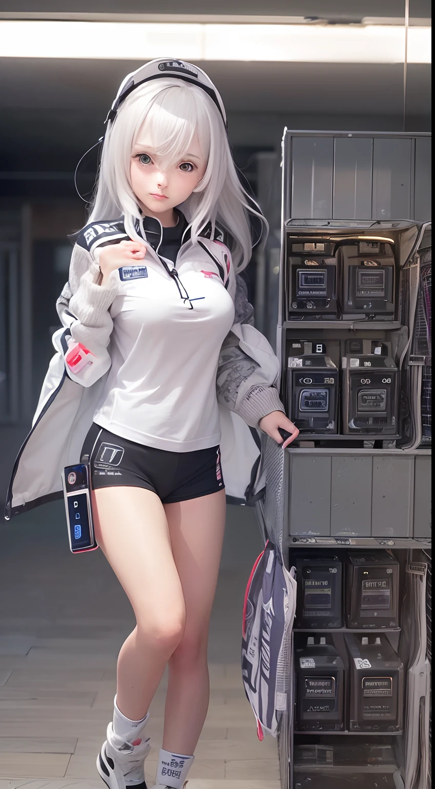 ((top quality)),((masterpiece)),((perfect face)), (ultra-detailed), sharp focus, nsfw, depth of field, cinematic lighting, detailed outfit, rich in details and textures,
Battery girl, large battery pack on her back, runs on batteries, charge status indicator on thigh, white panties, cute, cutesy, does a lot of jobs, but a doofus, cute, always hard working and likable, little sweat, medium large breasts, Girl running battery, hard, (trying to set battery on her back), charging from her back,