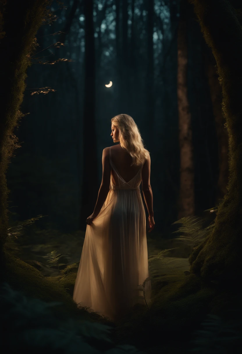 (A naked blonde girl in a dark forest at night),illustration,Detailed trees and leaves, ethereal atmosphere,(best quality,4k,8k,Altas,master part:1.2),vivid colors,soft lighting,beleza natural,silencioso e misterioso,sombras sutis,sereno e calmo,ambiente encantado,magia noturna