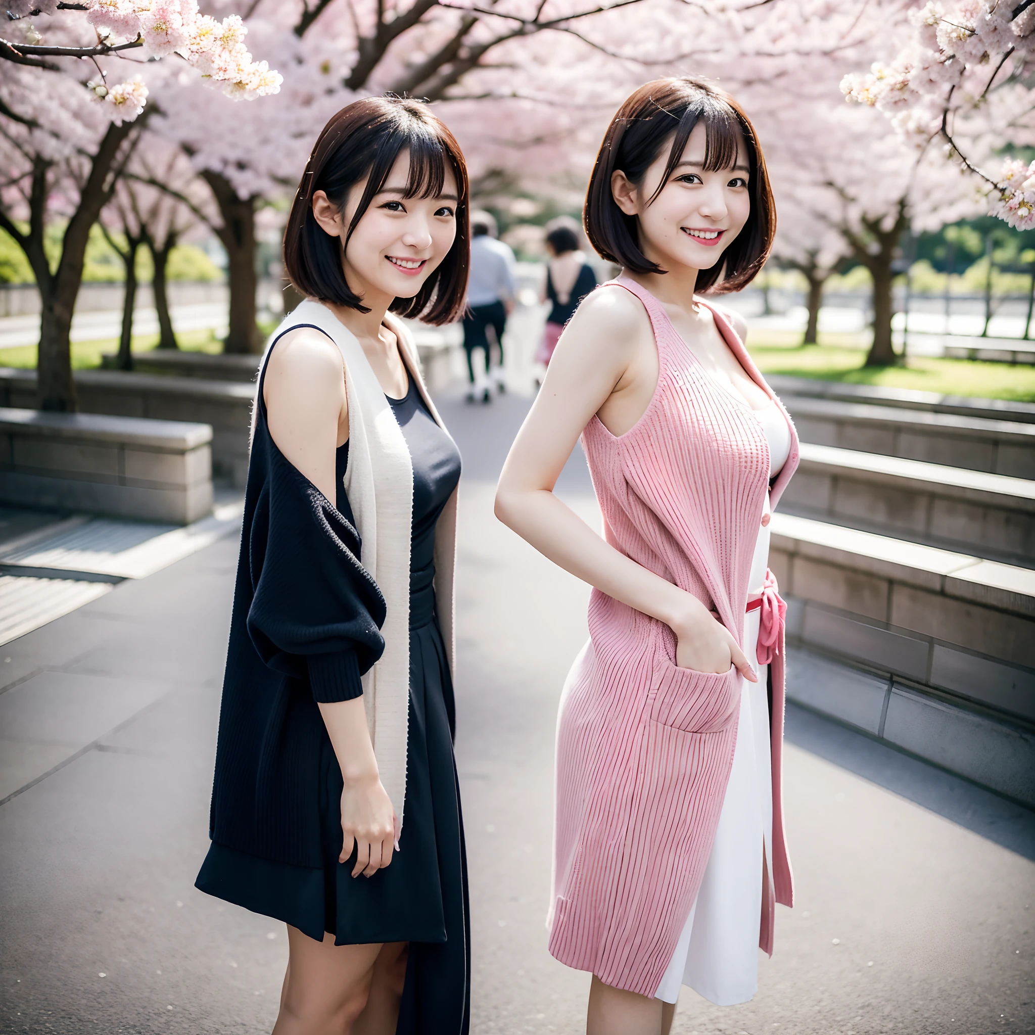 The season is spring、Cherry blossoms are blooming、Two Japan women taking photos in a park on the Sumida River in Japan、It was a 27-year-old woman..、It was a small breast with loose fluffy long bob hair、One is a 31-year-old woman with small breasts and long bobs......The two are having fun、small tits、Small、discreet breasts、Wearing a cardigan over a sleeveless dress、street snap、Adult personal clothes、ssmile、Look at me with a kind smile.、The background is Tokyo、