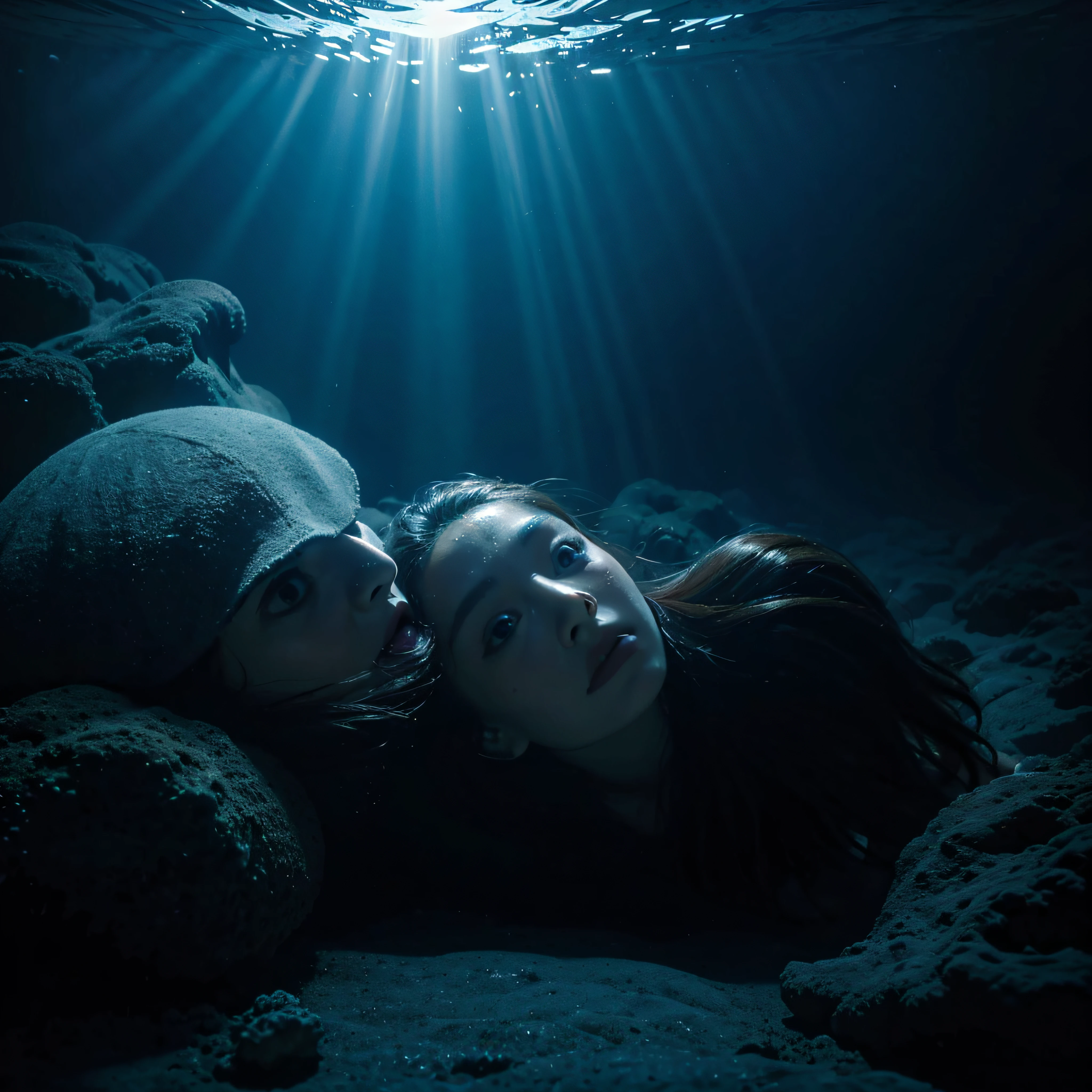 (extremadamente detallado, obra maestra, La mejor calidad, Under the Ocean), Estilo oscuro, volumetric illumination. textura de babosa, piel de caracol. ahogados flotando de fondo. Rococo composition.