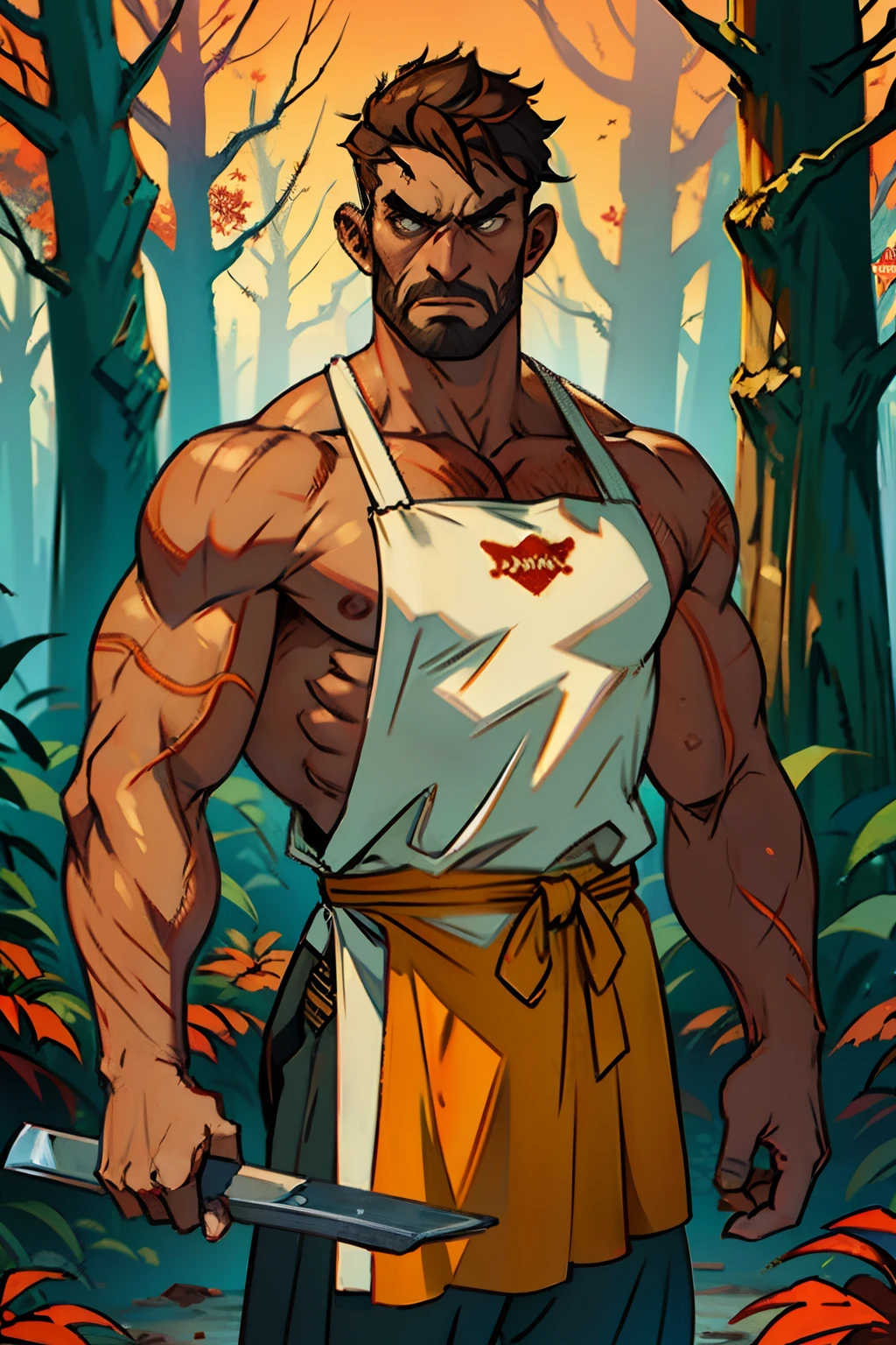 A mean looking butcher brandishing a meat clever, wearing leather apron, meat on chopping block, background is dirt and weeds, mood is scary, threatening, dark, autumn forest, eerie light, character design.