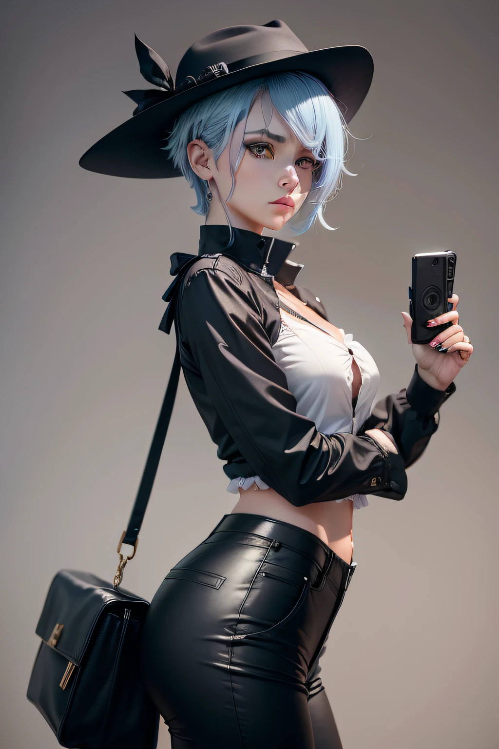 A close up of a woman in a hat holding a cell phone - SeaArt AI