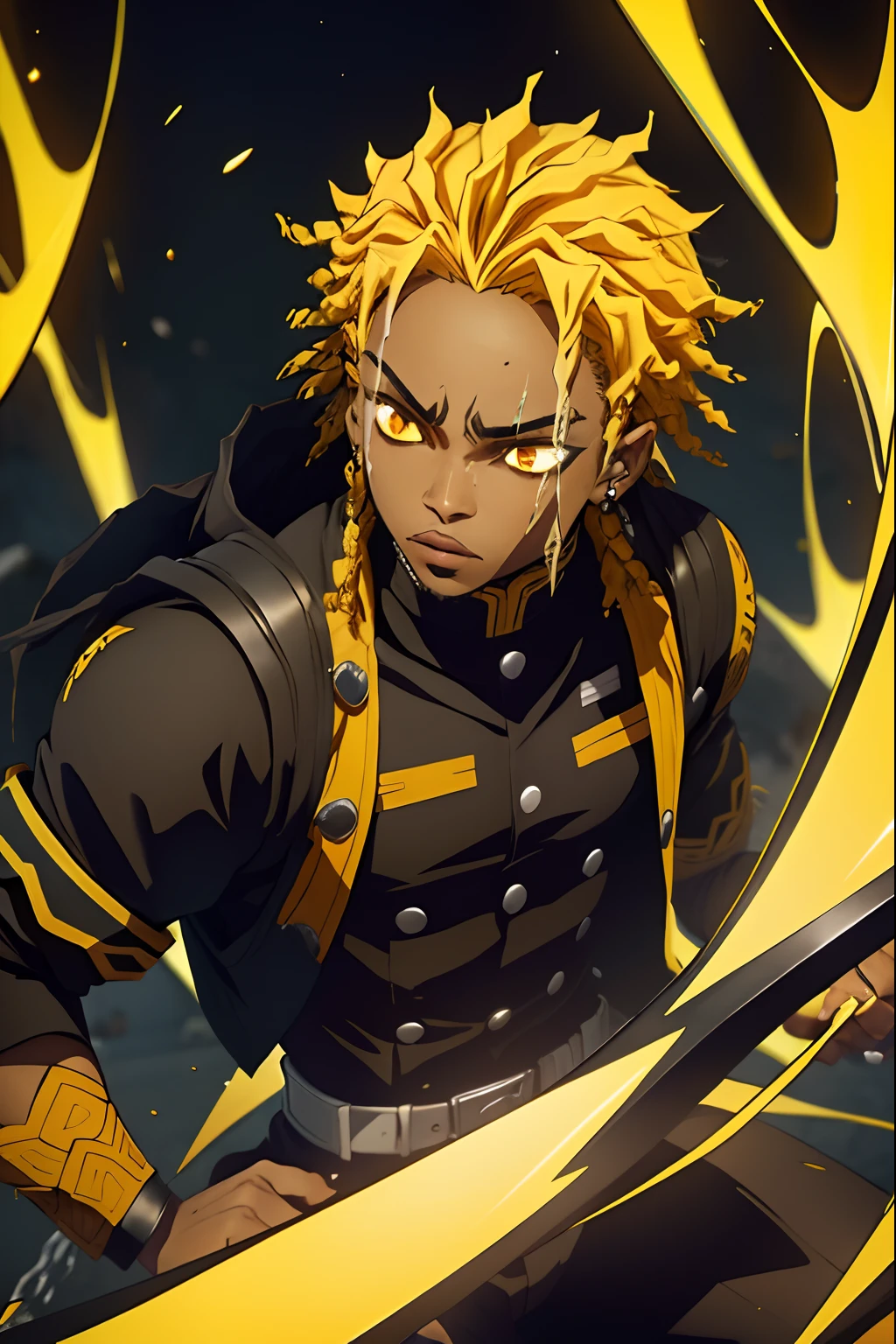 jovem preto, Uniform demon slayer, dreads, cabelos pretos e amarelos, espada amarela, preto, lindo, thunders, thunder effects eyes, thunder eyes