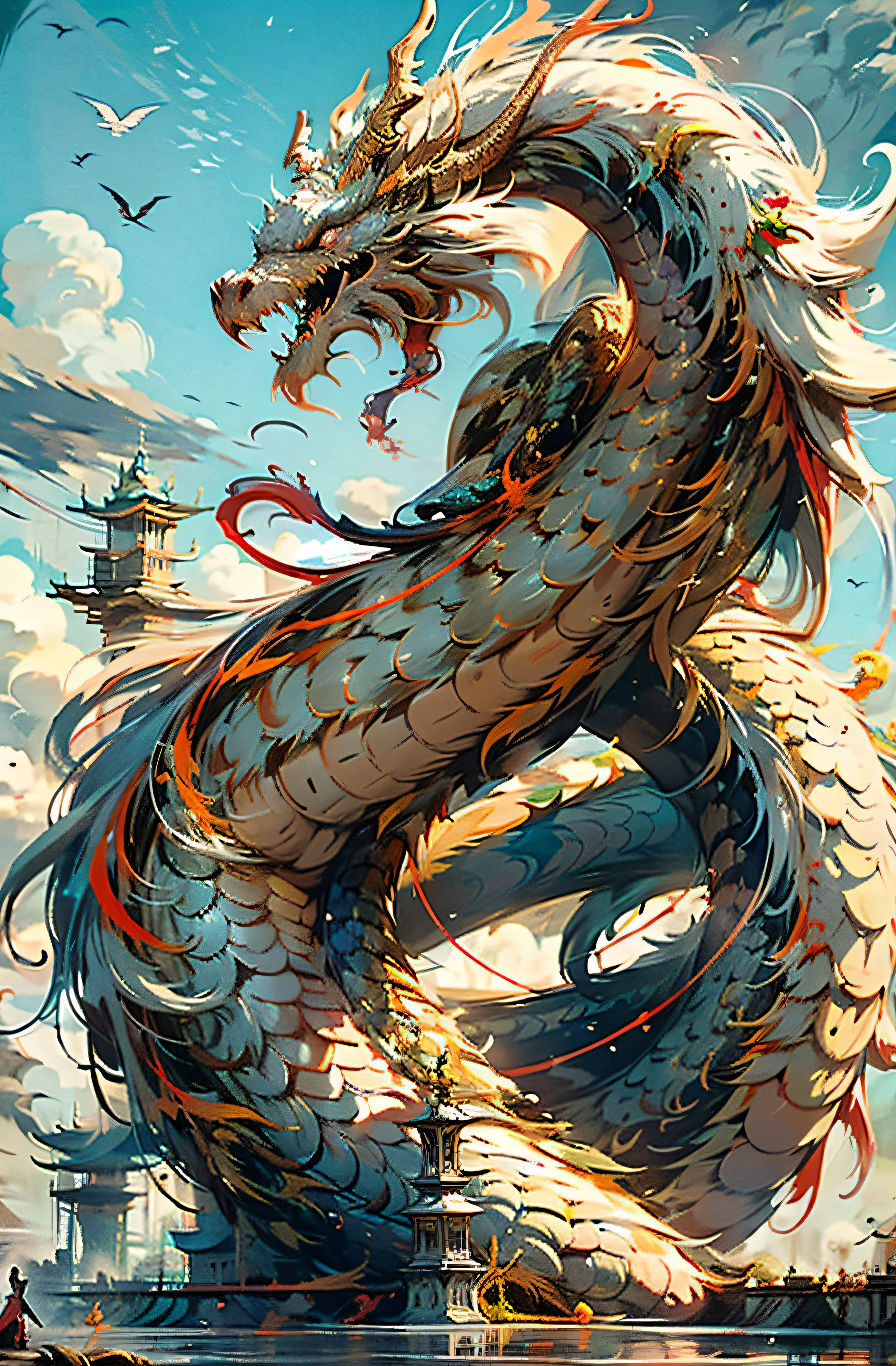 Best quality,masterpiece,ultra high res,nu no humans, (long:1.2),long hair, sharp teeth, red eyes, teeth, giant, 1girl, bird, outdoors, standing, scales, cloud, horns, from behind, armor, sky, open mouth, monster, size difference, white hair, building