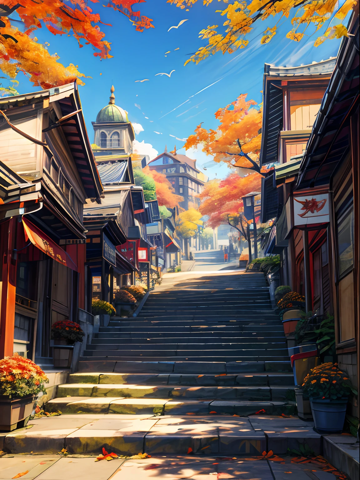 Downtown market area, stone stairs, halloween festival vibe,,oriental design, autumn ,autumn leaves digital painting, wind up,concept art, illustration, intricate, happy, autumn day time, blue sky, flower, plants ((tileset))