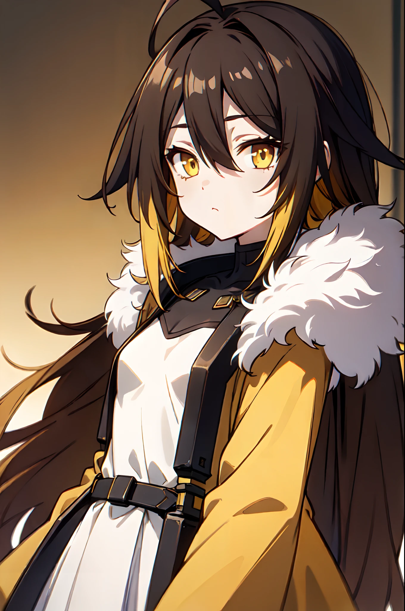 1girl, teen, solo, absurdly long hair, big hair, ahoge, hair bangs, hair between eyes, spiked hair, messy hair, (black hair, yellow hair, gradient hair:1.2), neutral, inexpressive, (small breasts, ****:1.2), yellow eyes, wearing just a simple coat, closed coat, (((brown coat))), arms behind back, ((robot hands)), robot arms, pale skin, looking at viewer, standing, (upper body, face only), masterpiece, best quality, 4k