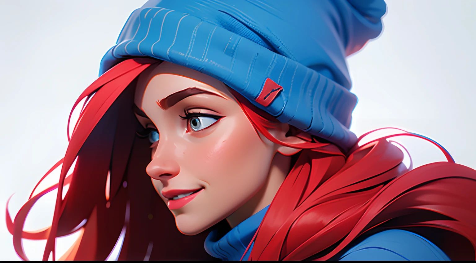 masterpiece, 4k, close up, white background, side view picture of a beautiful red head woman with long hair and wearing a blue beanie and blue sweater smiling