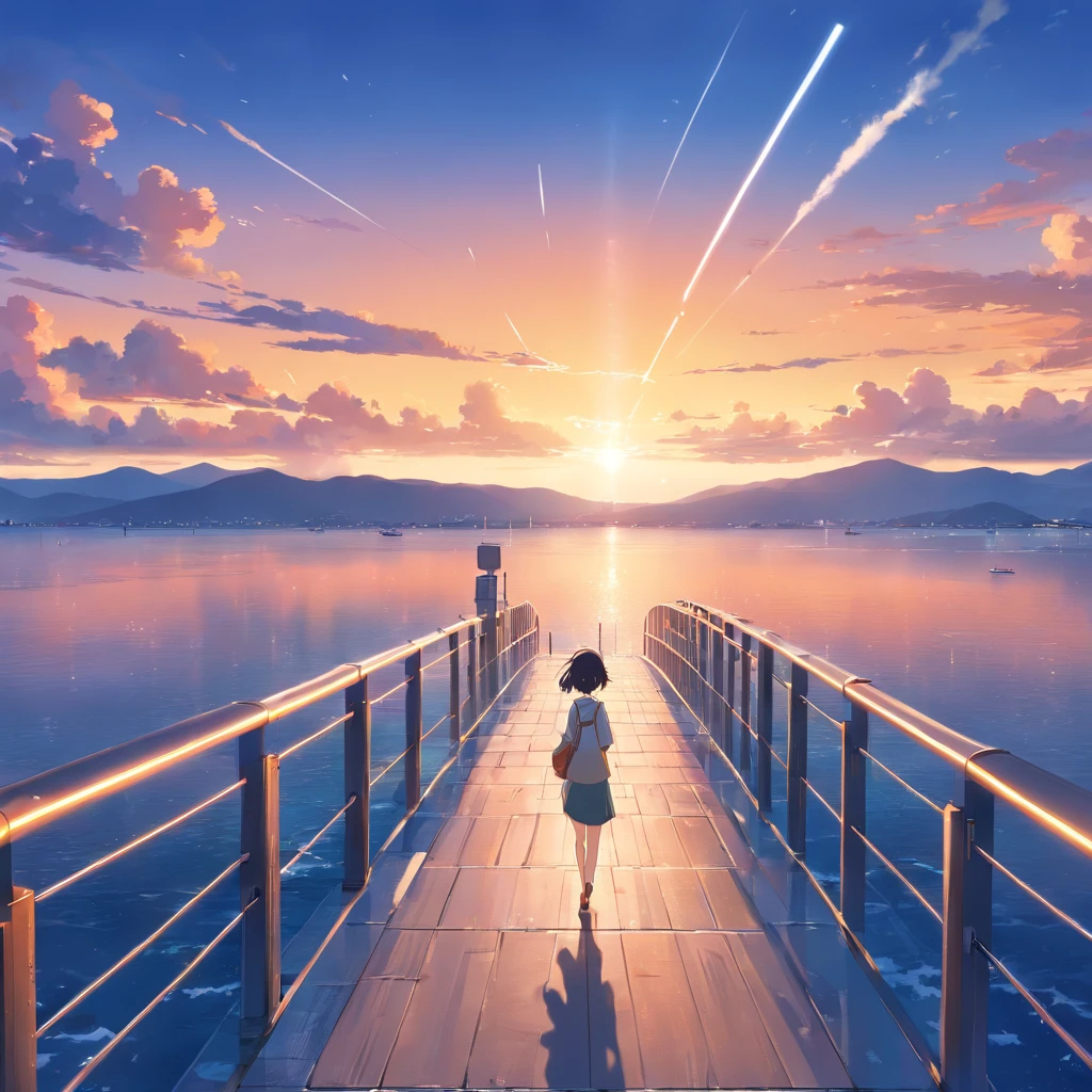8K, Best Quality, masutepiece, Scenery,pier,wharf， Sea, seaside, utility pole, A long stone bridge stretching to the sea, a panoramic view, A (Futuristic jets) Fly over the azure sky, leaving behind two white air trails. Dark blue sky, Sunset, evening, Coral reefs by the sea,(fantasy scene)