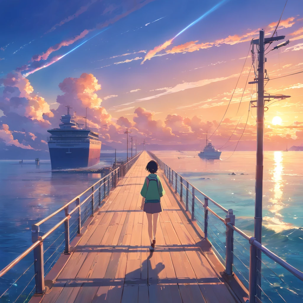 8K, Best Quality, masutepiece, Scenery,pier,wharf, Sea, seaside, utility pole, A long stone bridge stretching to the sea, a panoramic view, A (Futuristic jets) Fly over the azure sky, leaving behind two white air trails. Dark blue sky, Sunset, evening, Coral reefs by the sea,(fantasy scene)